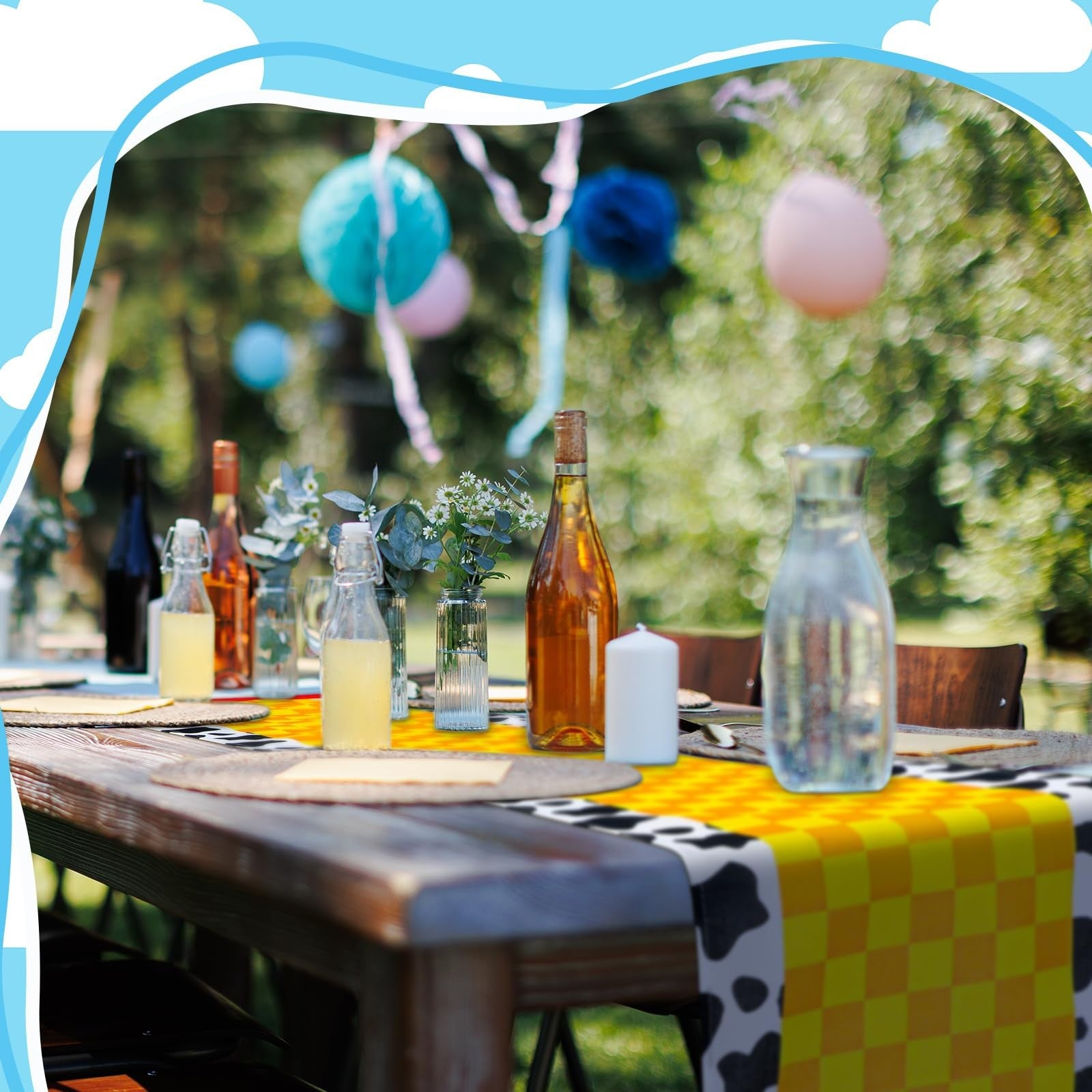 Windkream cartoon table runner for birthday parties, 4-piece set, 1.08 x 6 ft, colorful and fun table decor for celebrations.