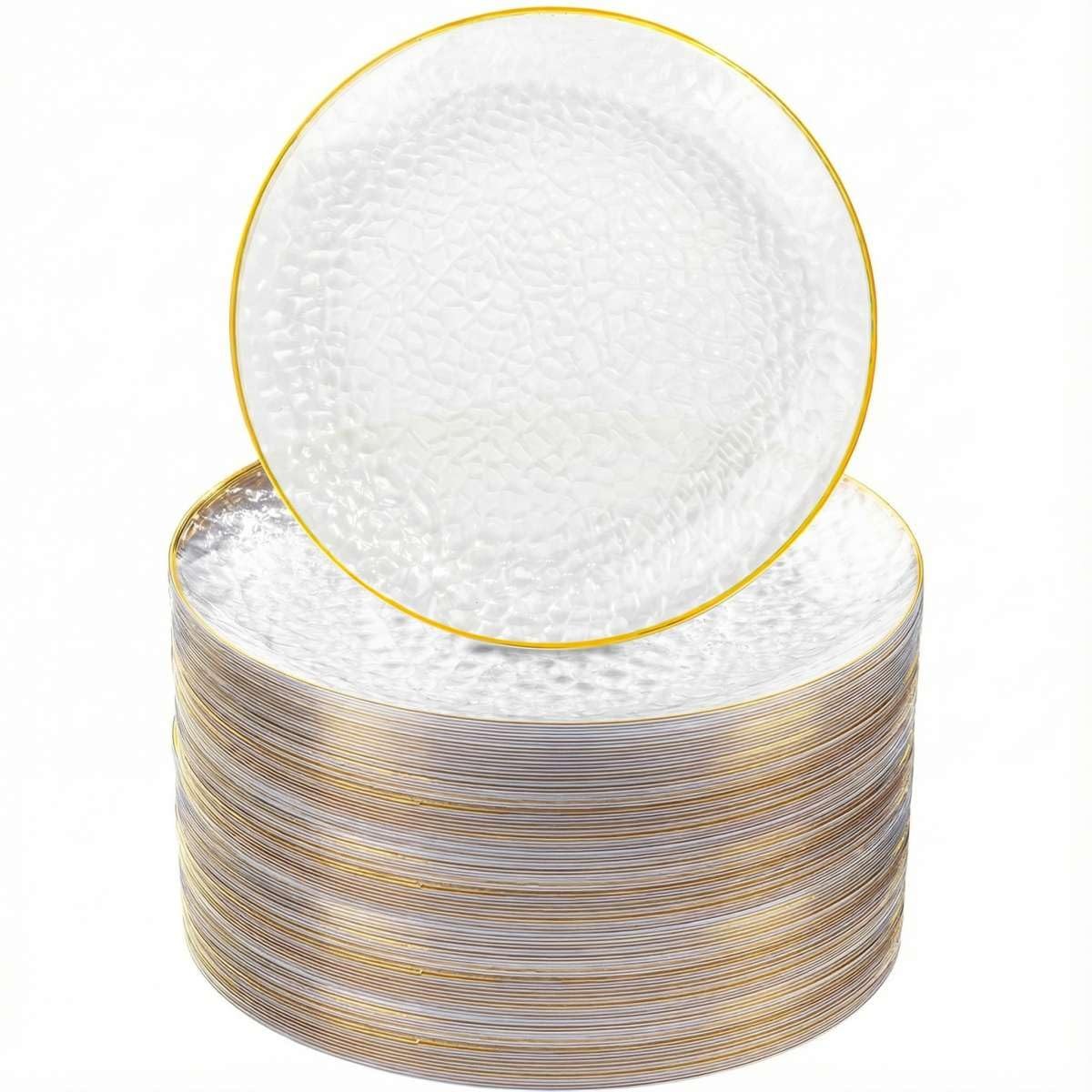 Set of 60 Rubtlamp gold plastic dinner plates, 10-inch clear gold plates with hammered pattern for elegant table setting