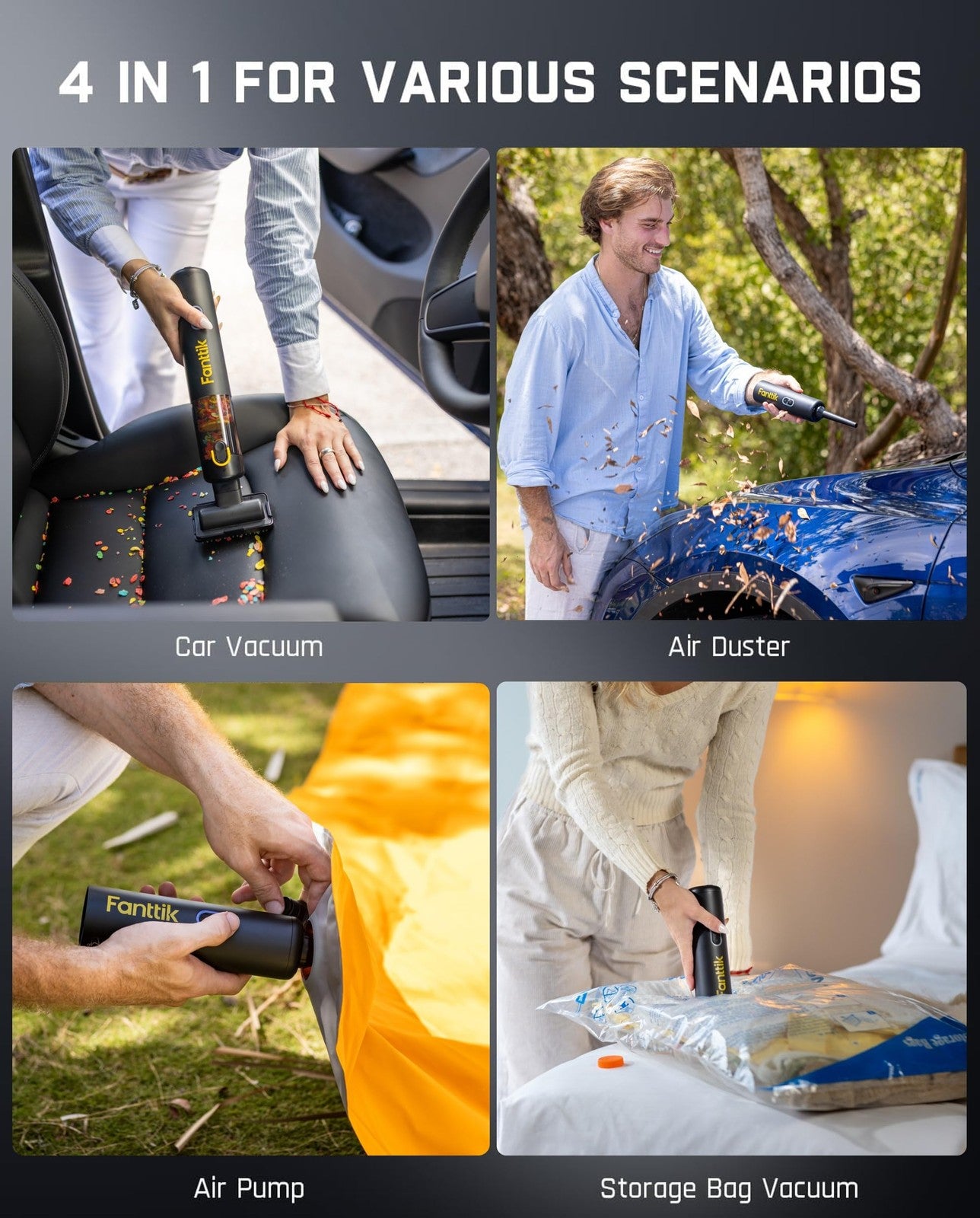 Fanttik V8 APEX 4-in-1 cordless car vacuum and blower with handheld design, showing the device in use on a vehicle interior.