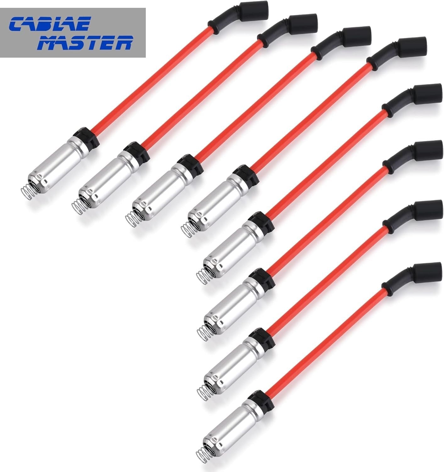 Cable Master 10.2 mm racing spark plug wires for GM LR4 LM7 L59 L33 LQ4 LQ9 engines, featuring red insulation and metal connectors.