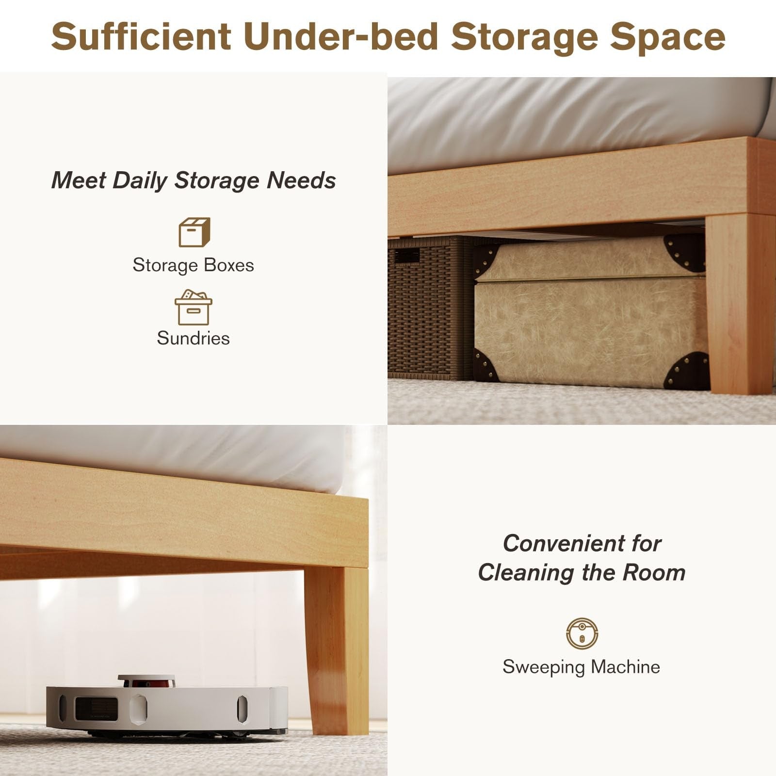 Sweetcrispy queen size solid wood bed frame with slat support and sturdy construction, showcasing the bed base and wooden slats.