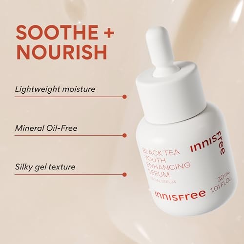 innisfree Black Tea Youth Serum in a glass bottle with dropper, Korean anti-aging skincare with niacinamide and black tea extract