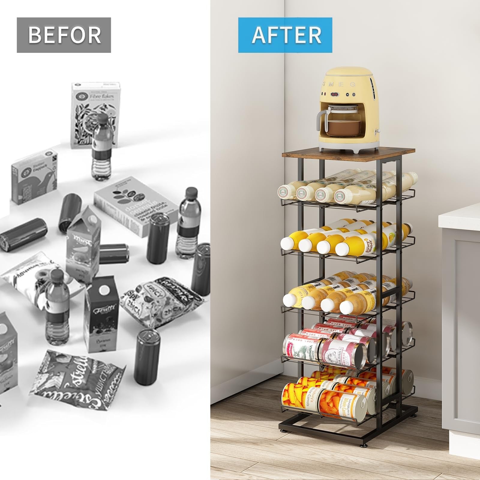 GILLAS multi-tier water bottle storage rack with wooden tabletop and metal beverage holder, designed for organized drink storage.
