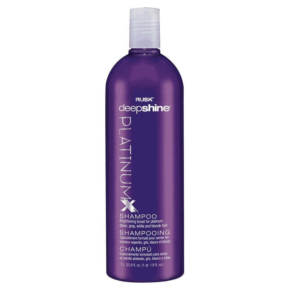 RUSK Deepshine PlatinumX shampoo bottle with brightening formula for platinum blonde hair, featuring sleek packaging and clean design.