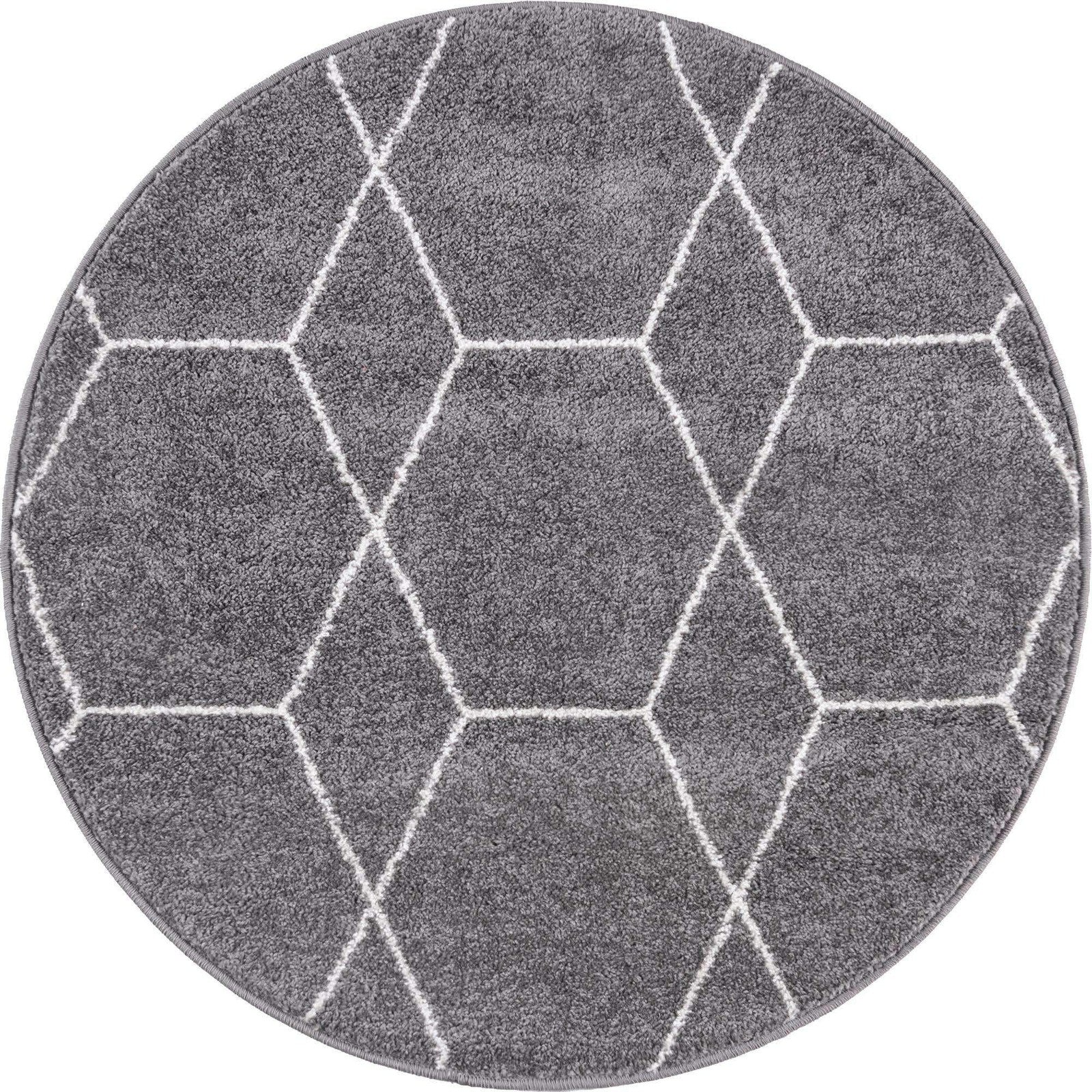 Dark gray geometric round area rug from Unique Loom Trellis Frieze Collection with a modern pattern and textured design.