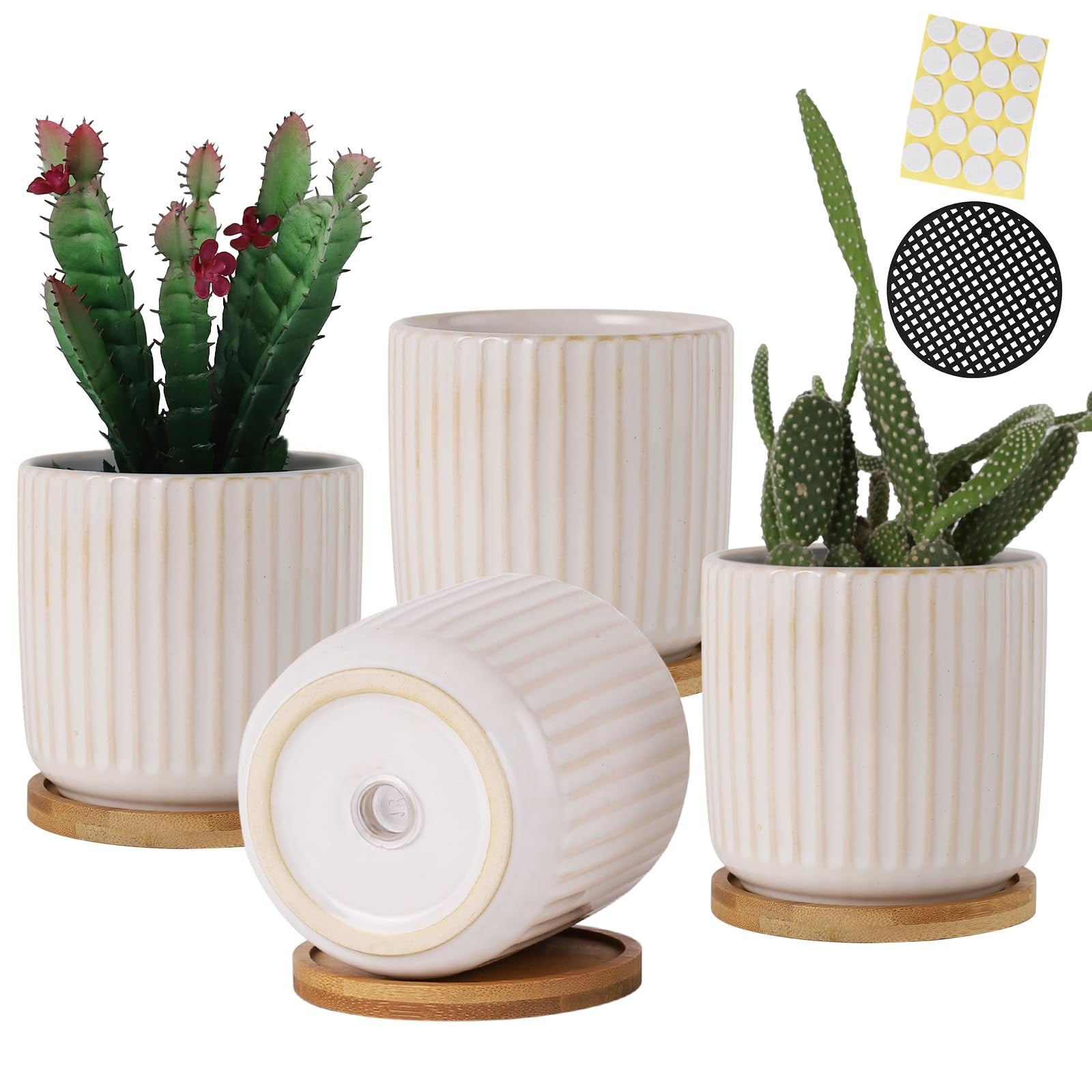 OMAYKEY 4-inch ceramic plant pot with saucer featuring a creative stripe design, perfect for small indoor plants.