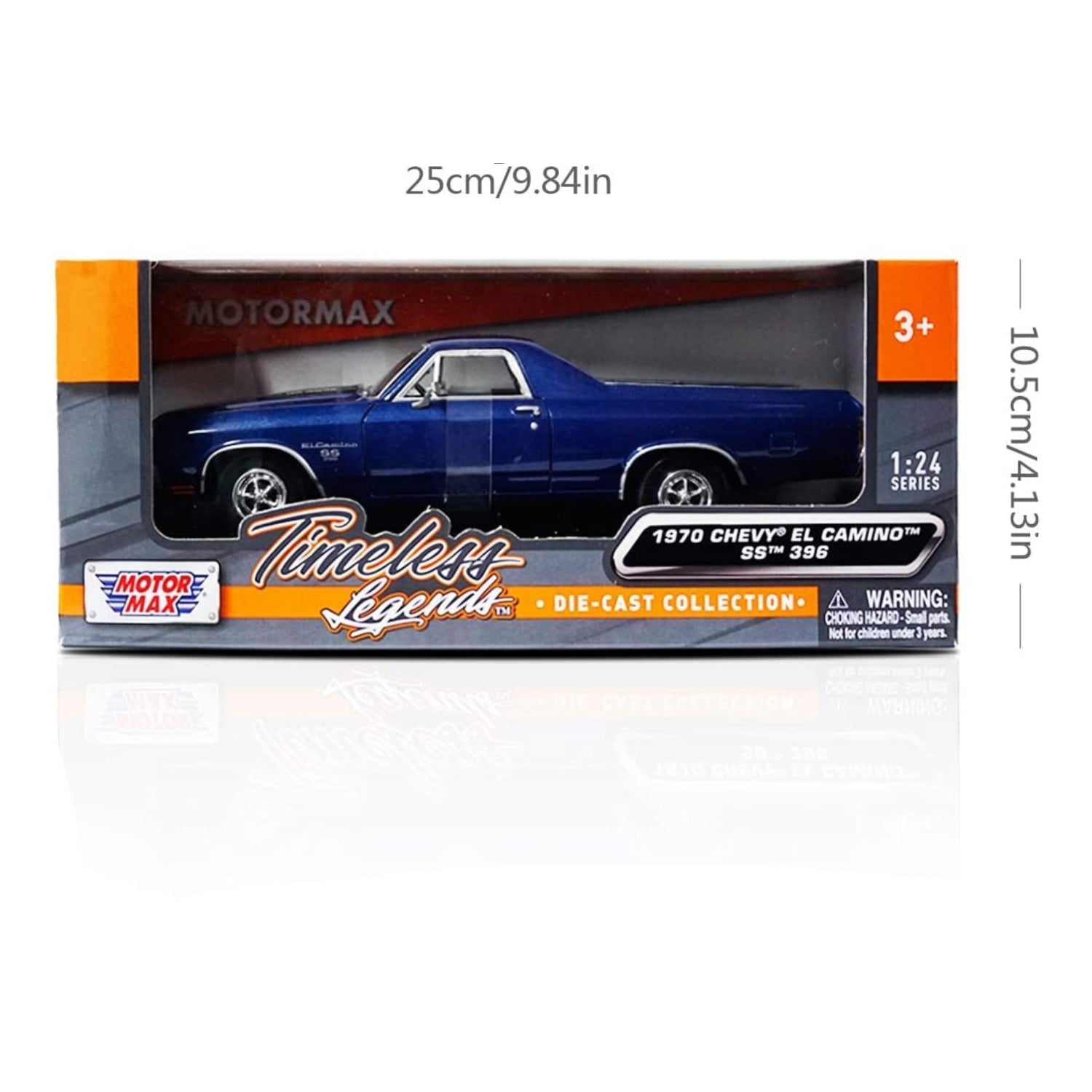 Diecast 1:24 scale American Classics 1970 Chevrolet El Camino SS by MotorMax, detailed silver model with black interior.