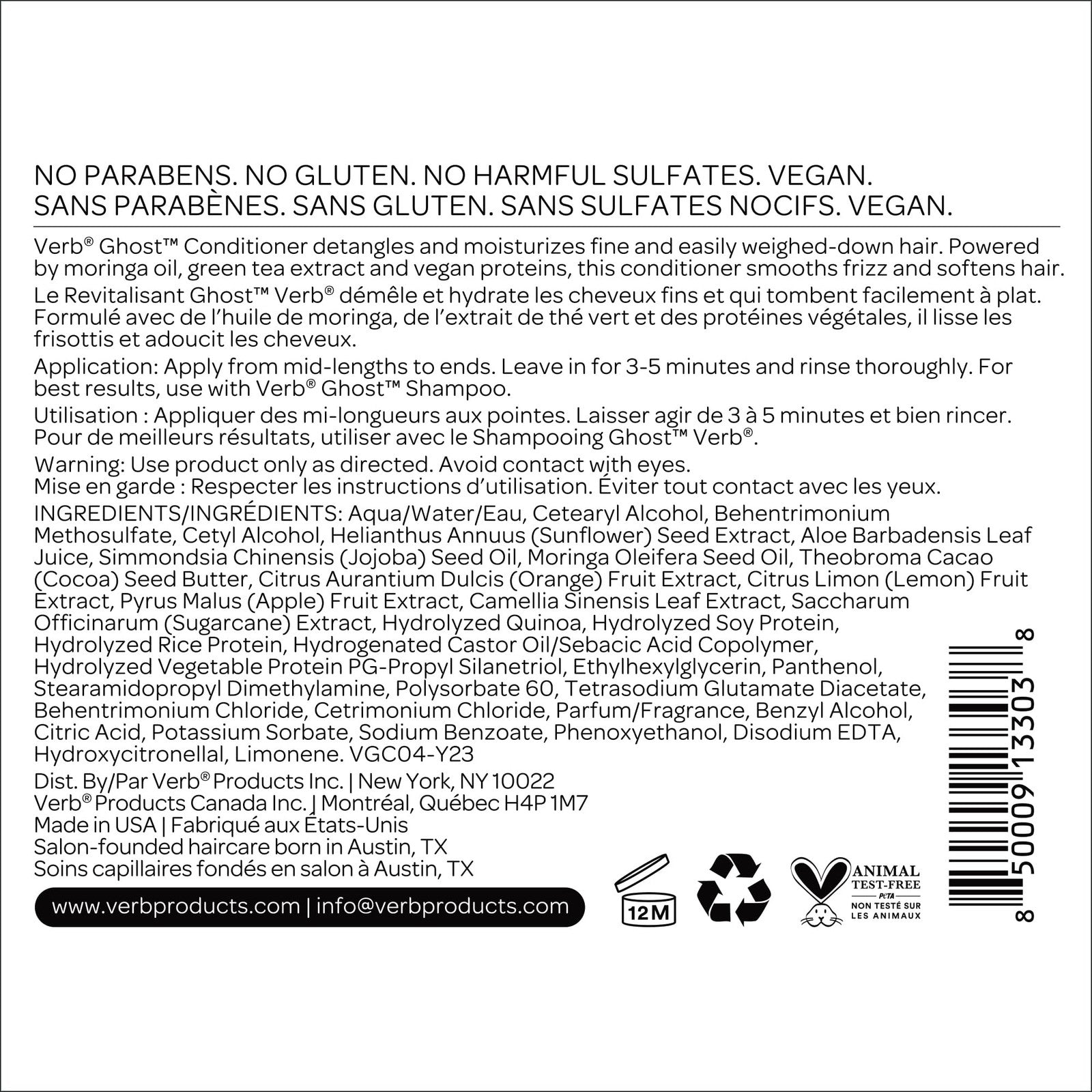 Bottle of VERB Ghost Conditioner with Moringa Oil, 32 fl oz, showing the conditioner container with product label.