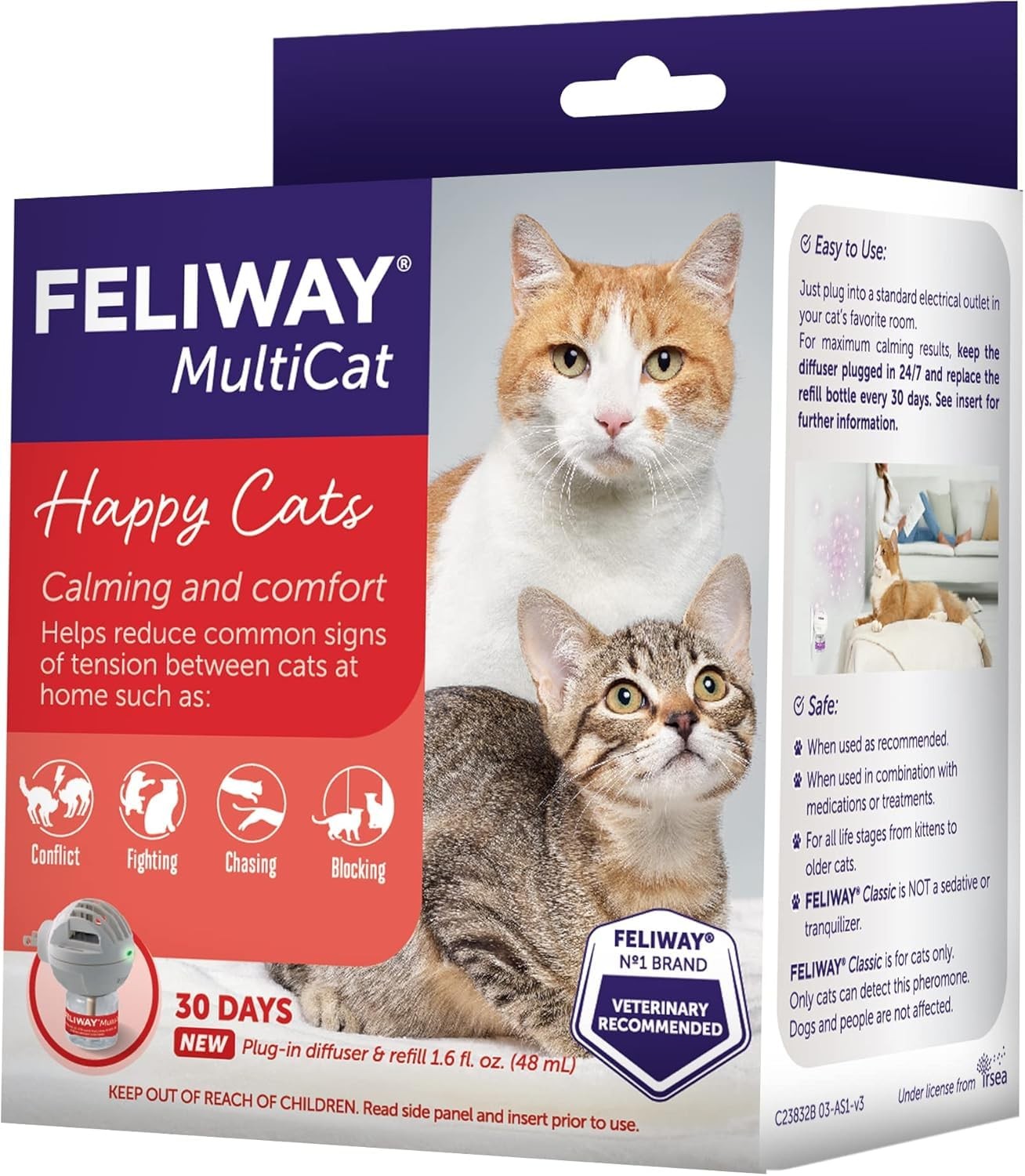 FELIWAY MultiCat calming pheromone diffuser with two refills, designed to reduce stress and promote relaxation in multi-cat households.