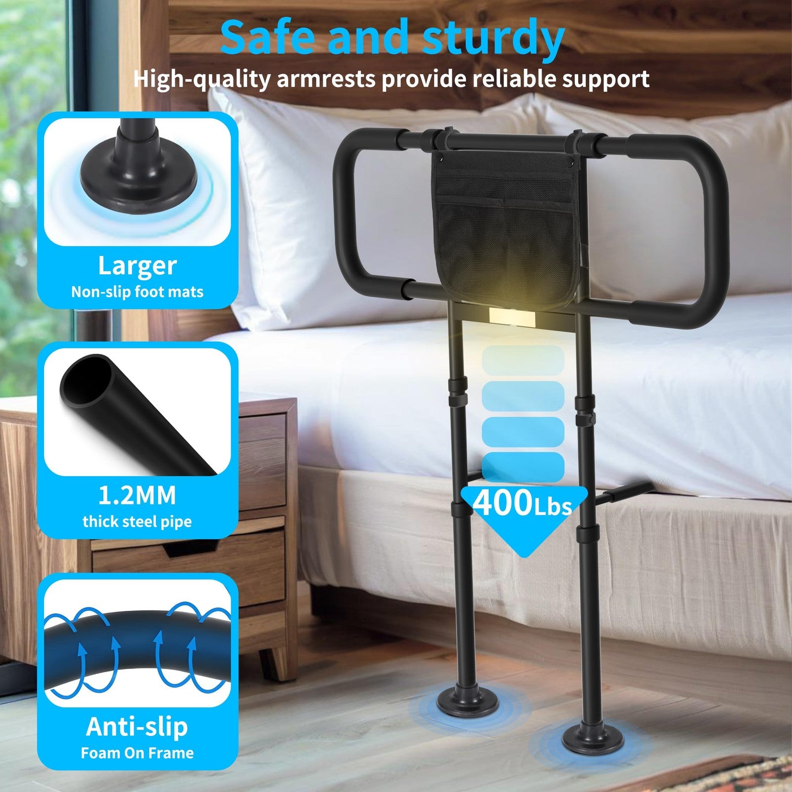 Eakertte bed rails for elderly adults with motion sensor light, heavy-duty support up to 400 lbs, shown attached to a bed for safety.