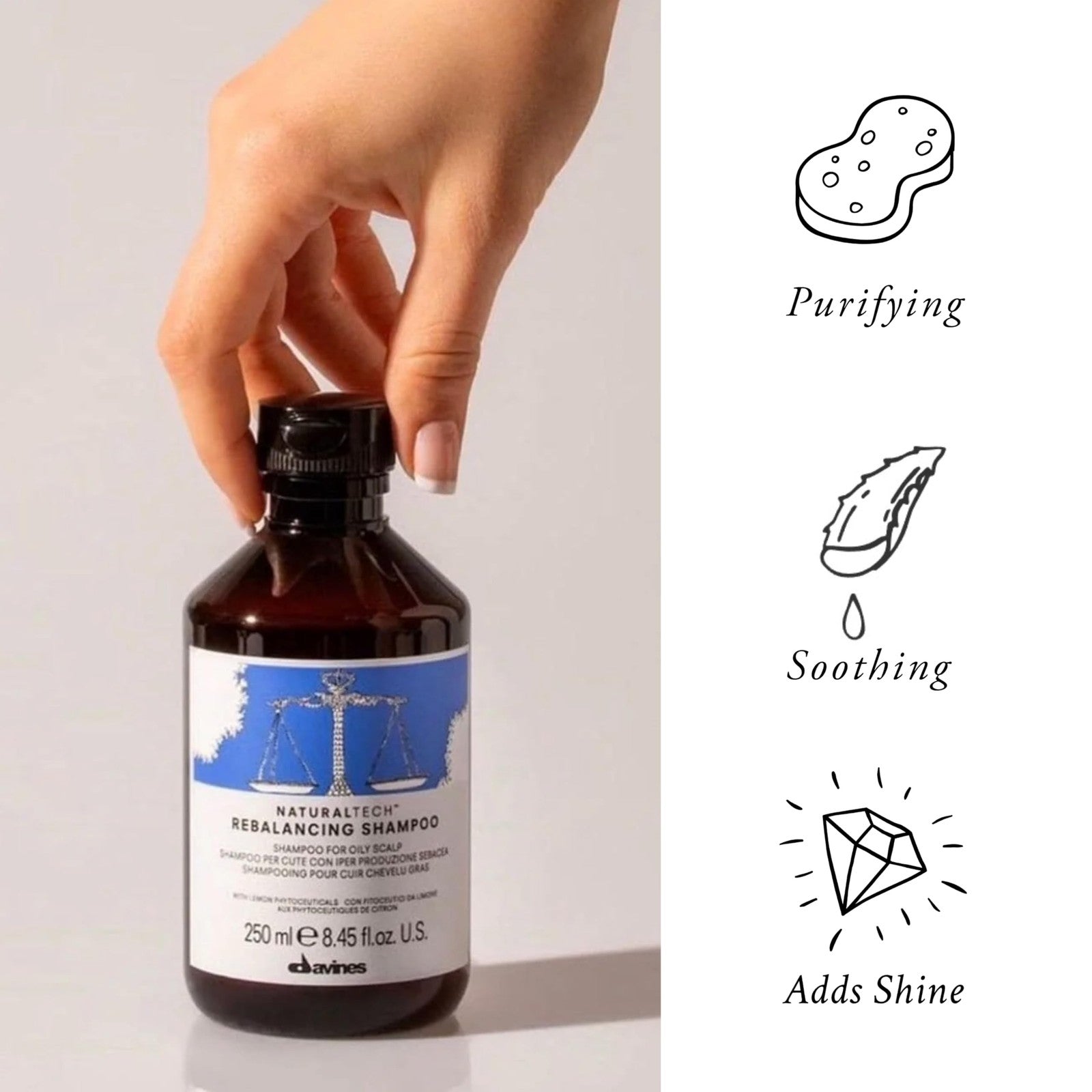 Davines Naturaltech Rebalancing Shampoo bottle with label, designed to gently cleanse scalp and control excess sebum and shine.