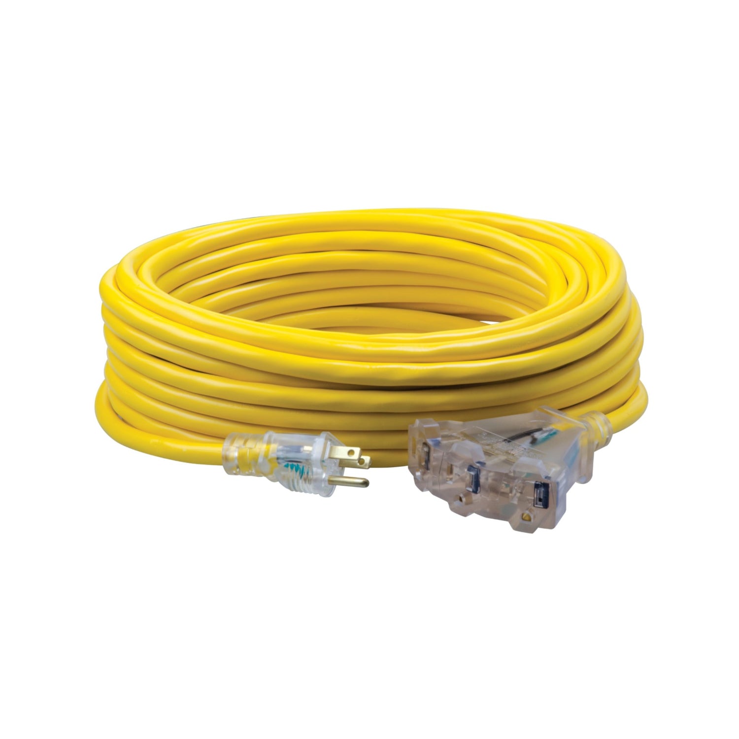 Southwire 12/3 multi-outlet vinyl extension cord in yellow with lighted end, 50 feet long, suitable for heavy-duty outdoor use.
