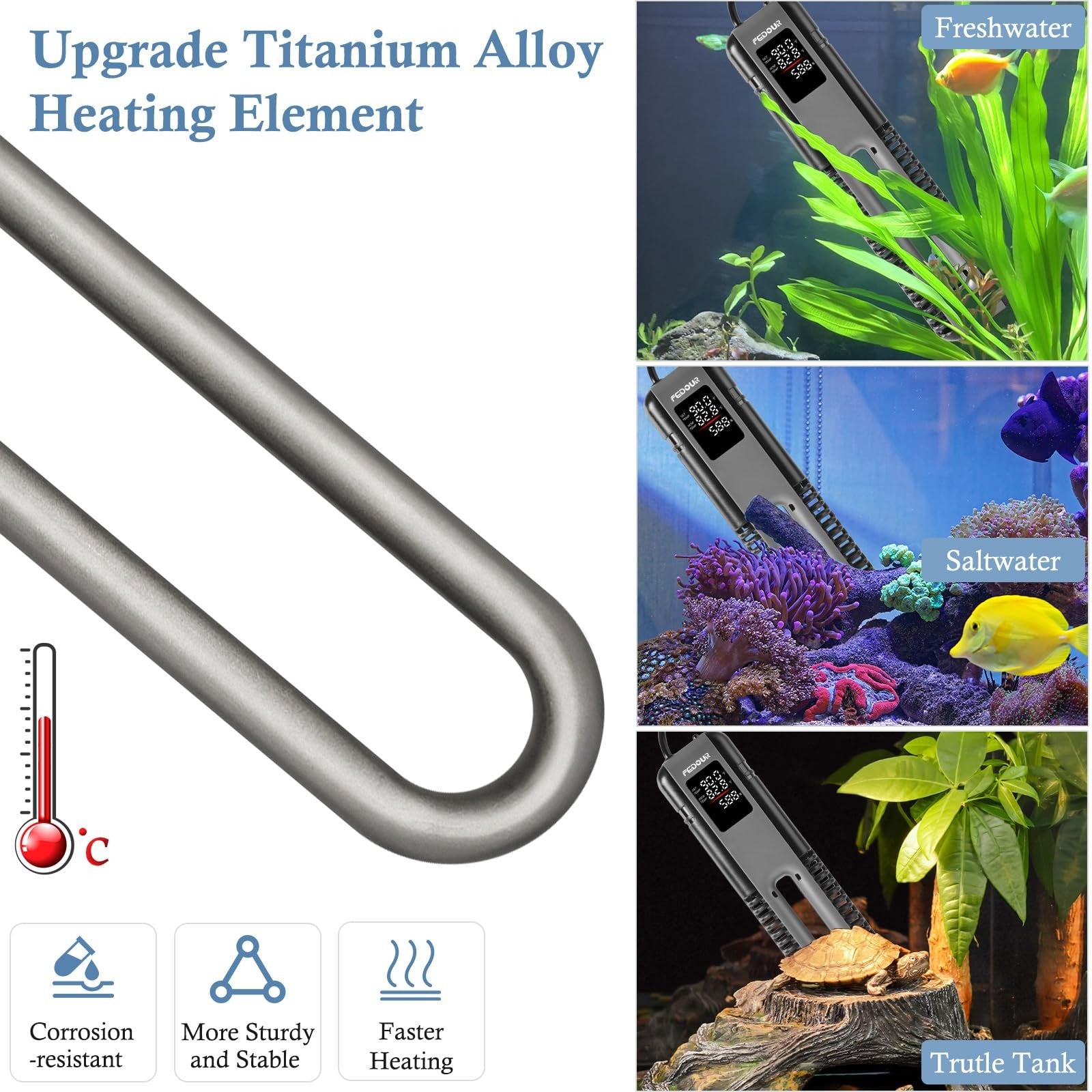 FEDOUR titanium aquarium heater with LED display, external controller, 600W/800W power, designed for precise water temperature control.