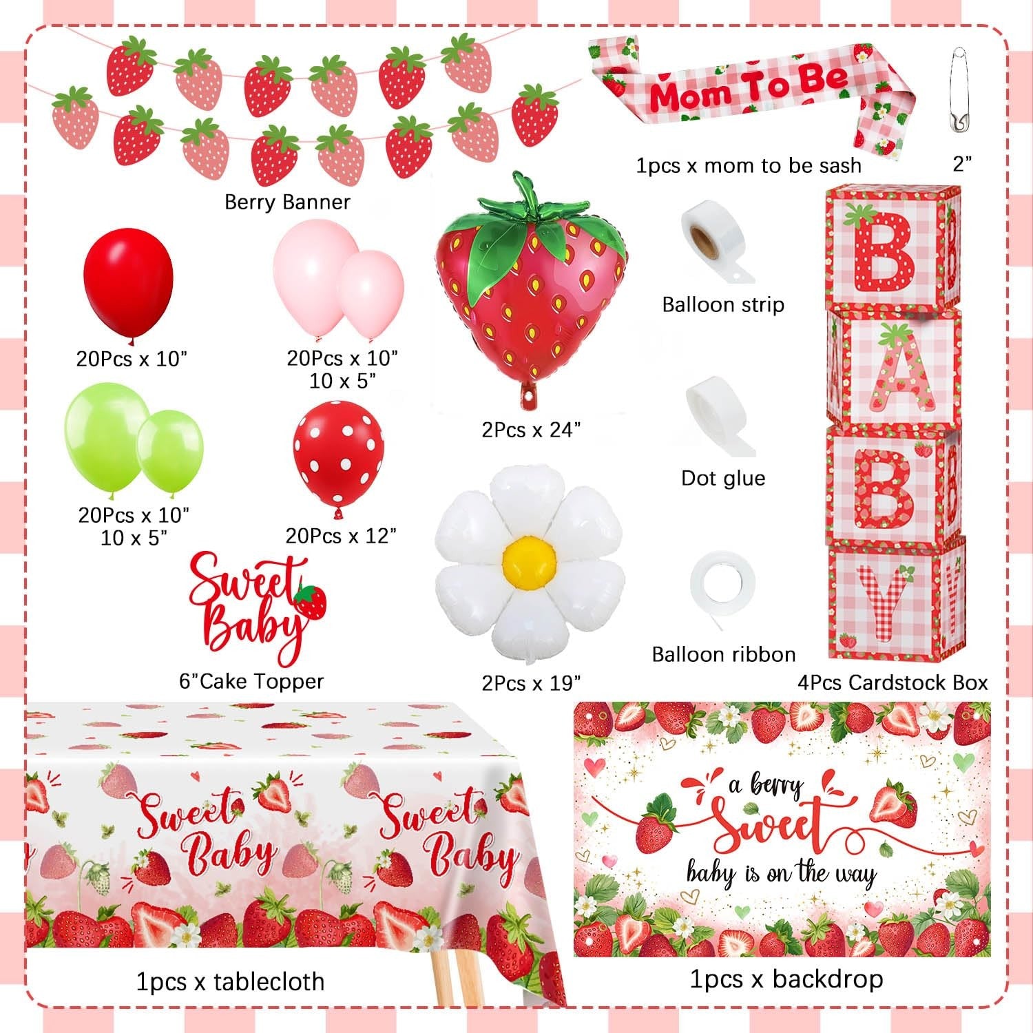 Lopeastar 114Pcs strawberry baby shower decorations kit with balloons, boxes, arch banner, and sash for celebration decor