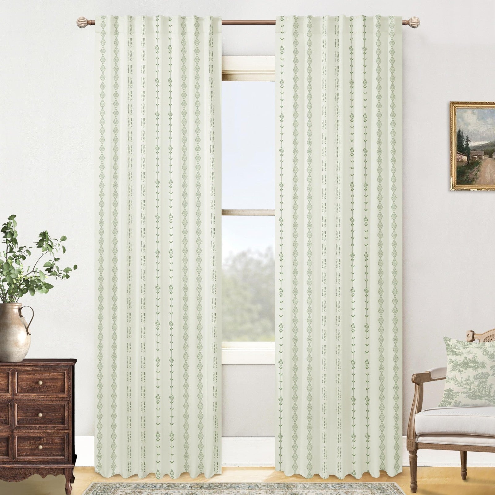 Sage green botanical vine farmhouse curtains with boho floral print, Lino Rosa cottagecore floral printed curtains for window decor