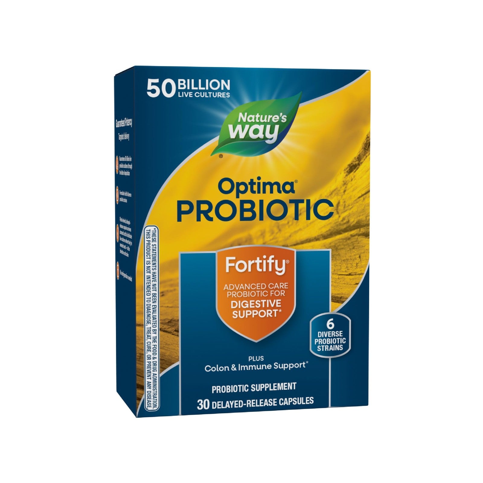 Nature's Way Fortify Optima probiotic bottle for men and women showing the label with 50 billion live cultures in capsules.