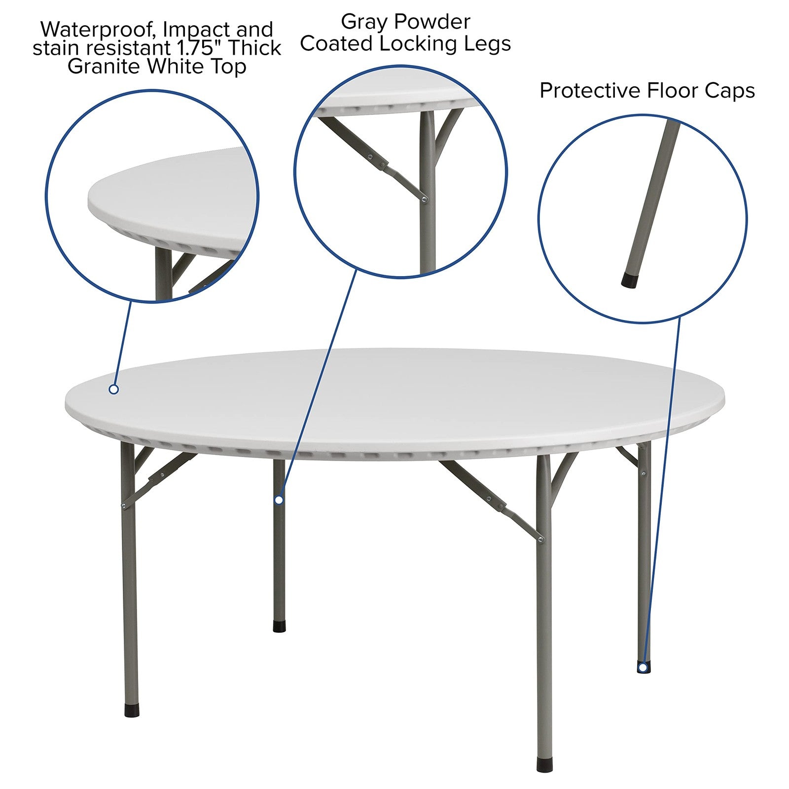 Flash Furniture Kathryn 5-foot round granite white plastic folding table, showing smooth surface and sturdy folding frame.