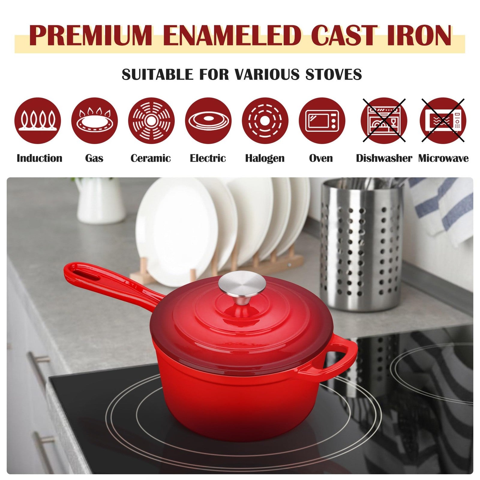 E-far enameled cast iron 1-quart saucepan with lid, mini Dutch oven, ideal for stovetop cooking and versatile kitchen use