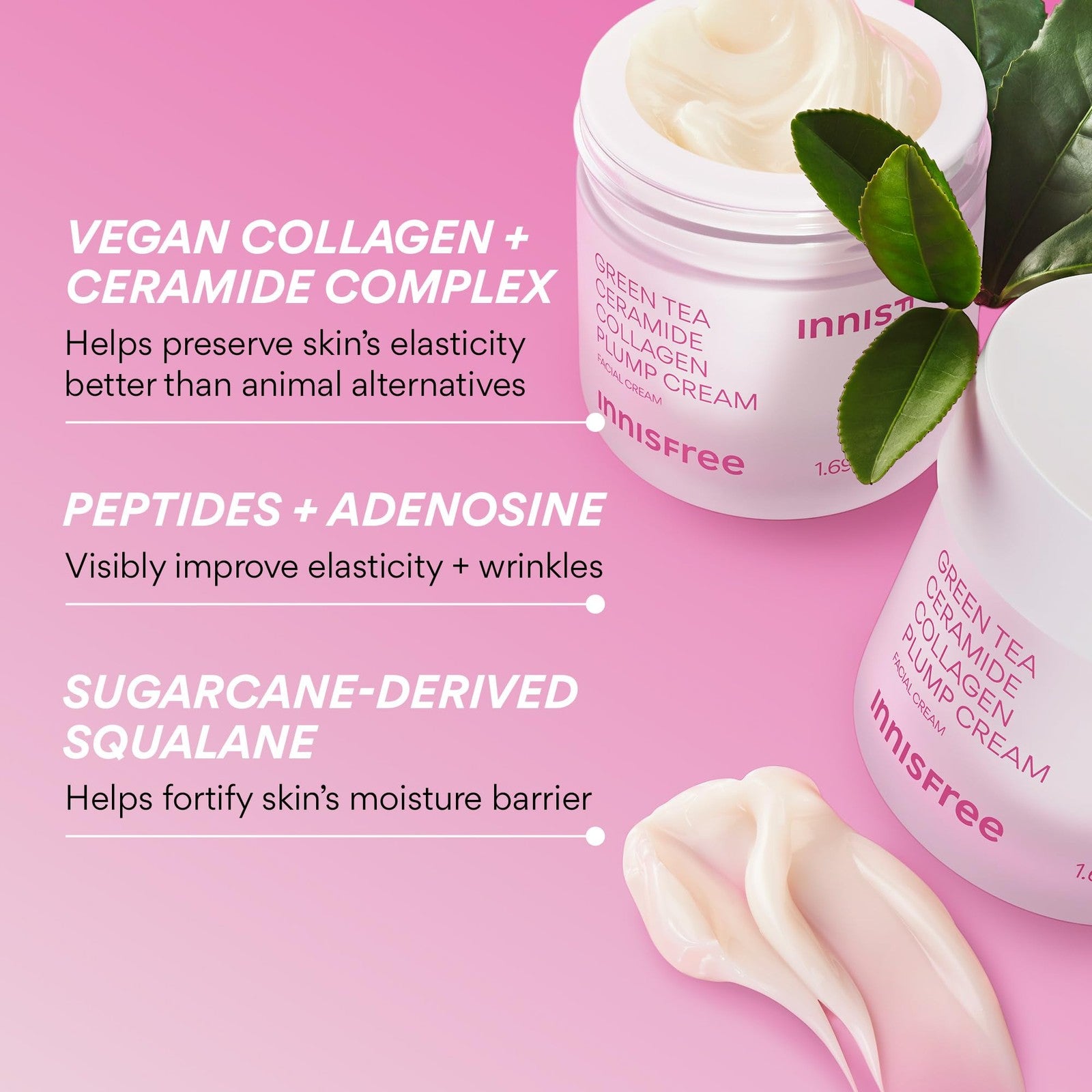 Innisfree Green Tea Ceramide Collagen Plump Cream jar with green tea leaves and cream texture inside, Korean face moisturizer.