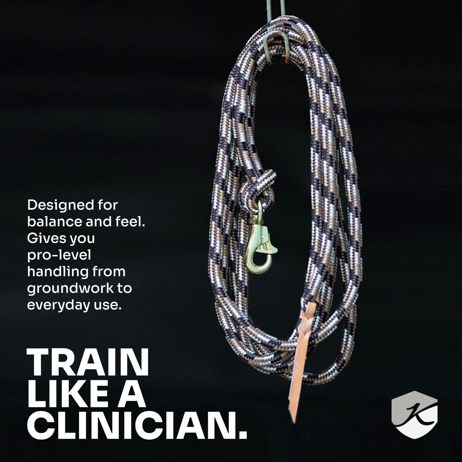 Equine training lead rope by Kensington Protective Products, durable nylon with brass snap, designed for horse handling and training.