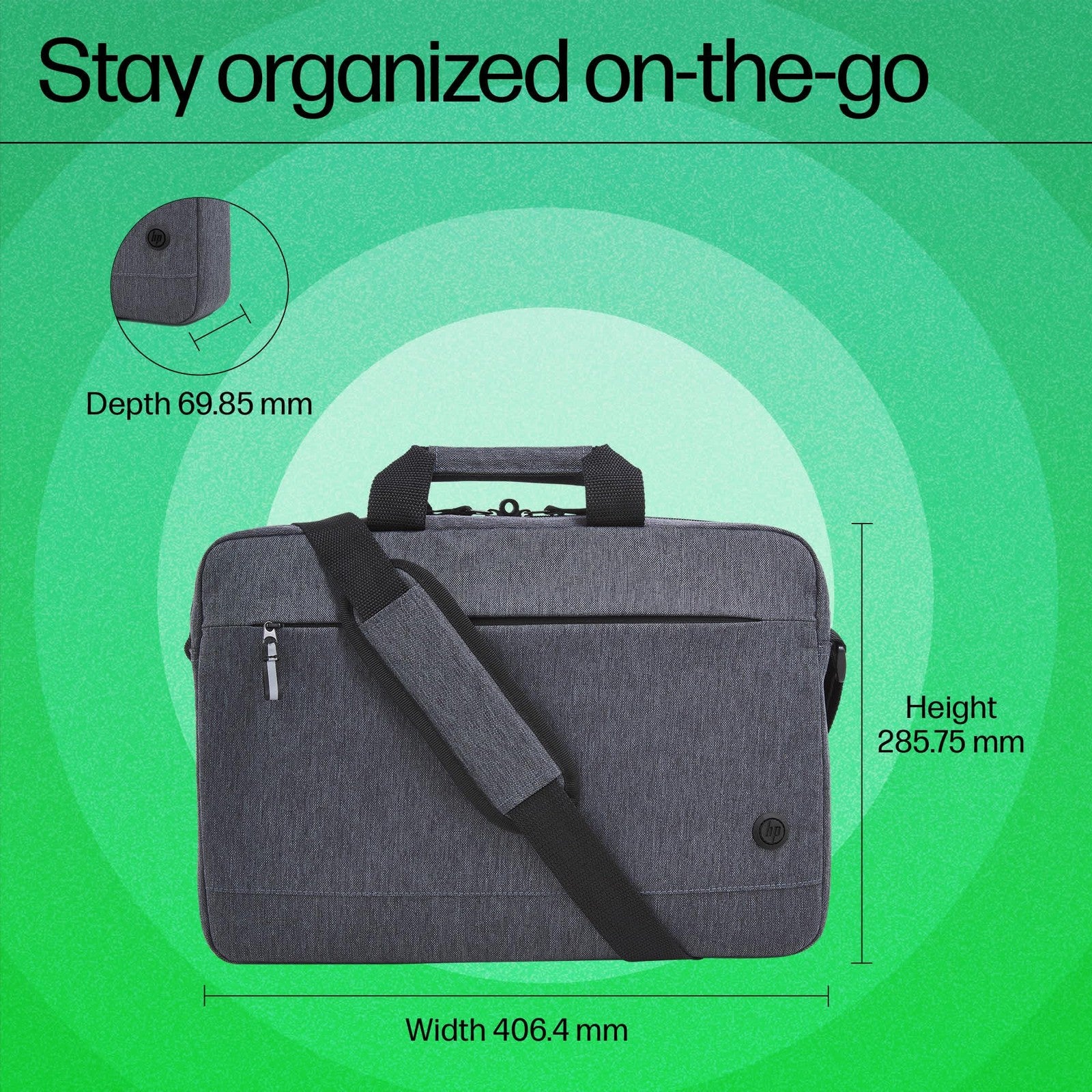 HP Prelude top-load laptop bag with durable water-resistant fabric, designed to fit 15.6-inch laptops, shown with closed zipper and sleek design.