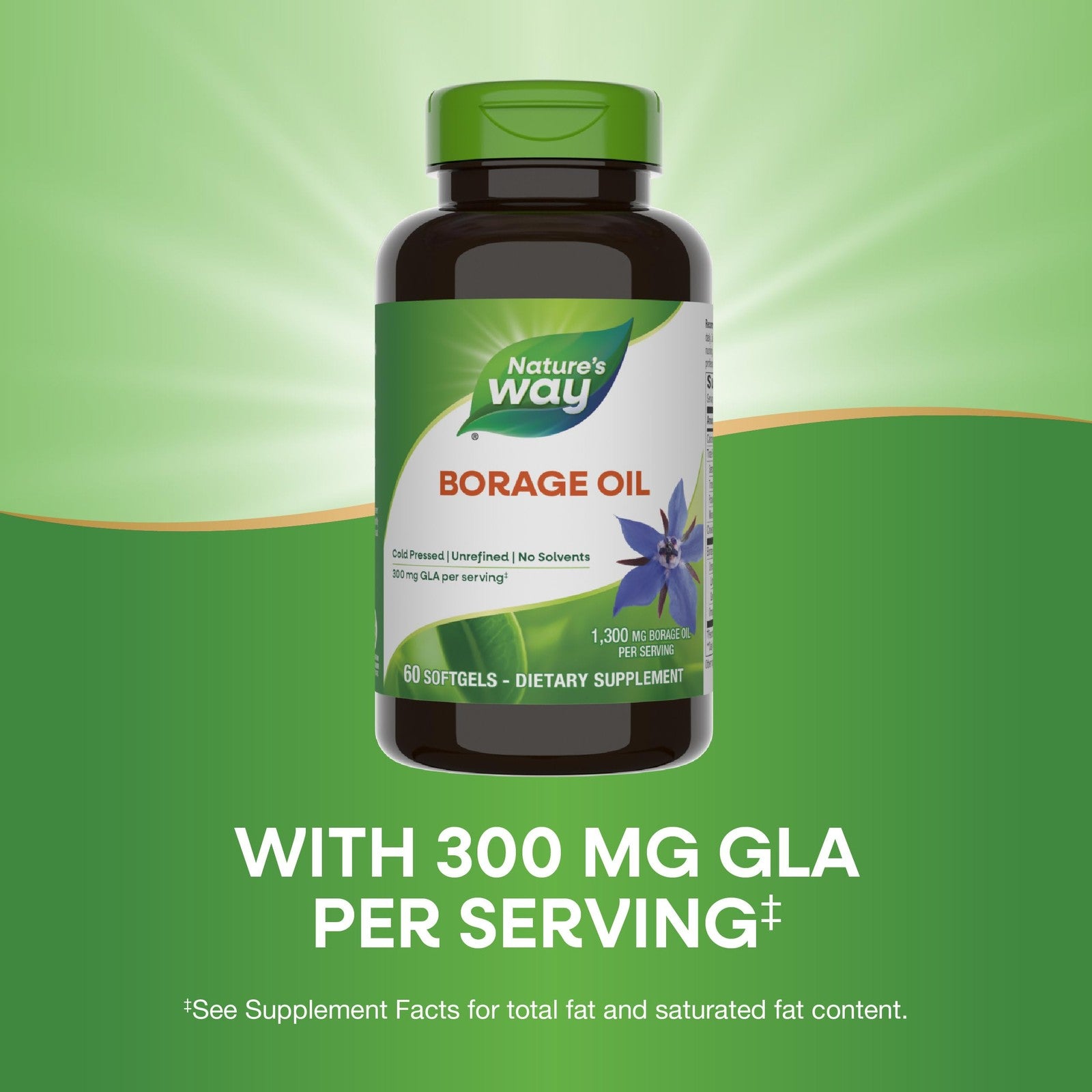 Nature's Way Borage Oil supplement bottle with label, cold pressed and unrefined, 300 mg GLA, displayed on a white background.