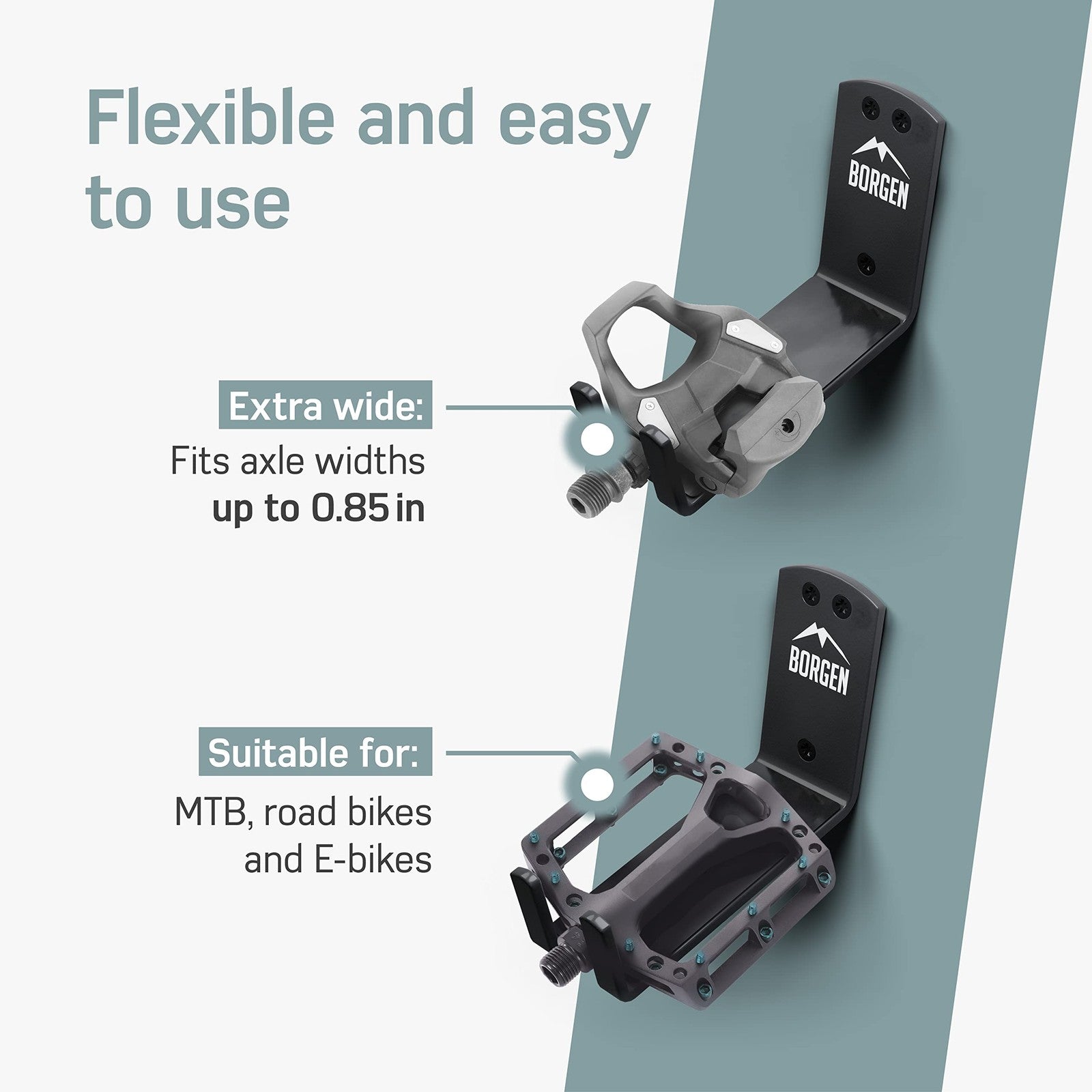 Borgen bike wall mount pedal hook for e-bikes, mountain bikes, and road bicycles, mounted on a wall for bike storage.