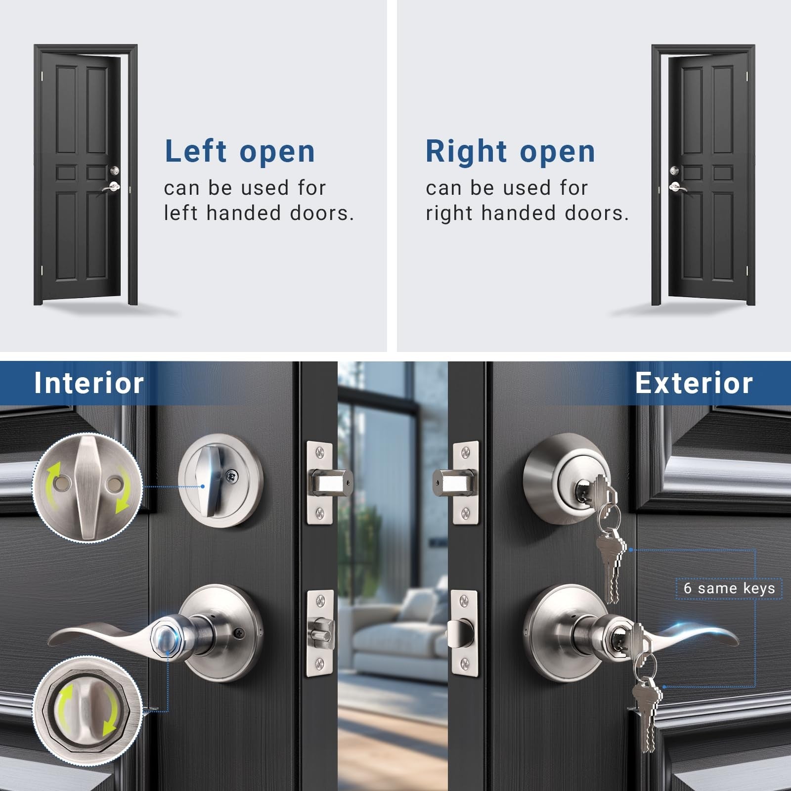 Knobonly 2-pack keyed alike front door handles with single cylinder deadbolt, showing polished metal finish and modern design
