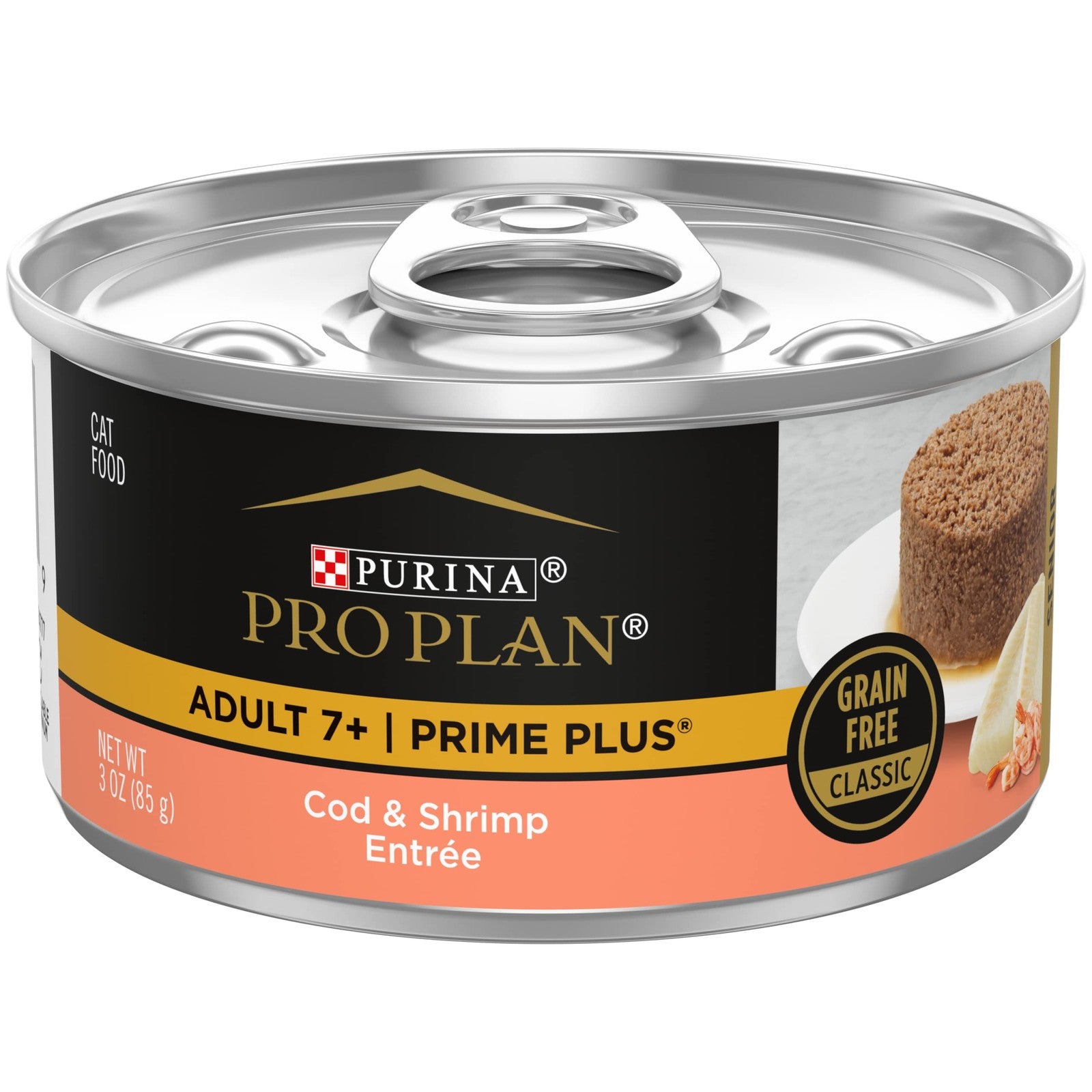 Cans of Purina Pro Plan Grain Free Senior Wet Cat Food Pate with cod and shrimp, designed for senior cats, displayed on a white surface.