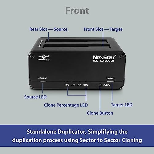 Vantec NexStar JX dual bay USB 3.2 Gen1 dock for SATA III drives with clone function, showing the dock with drives inserted.
