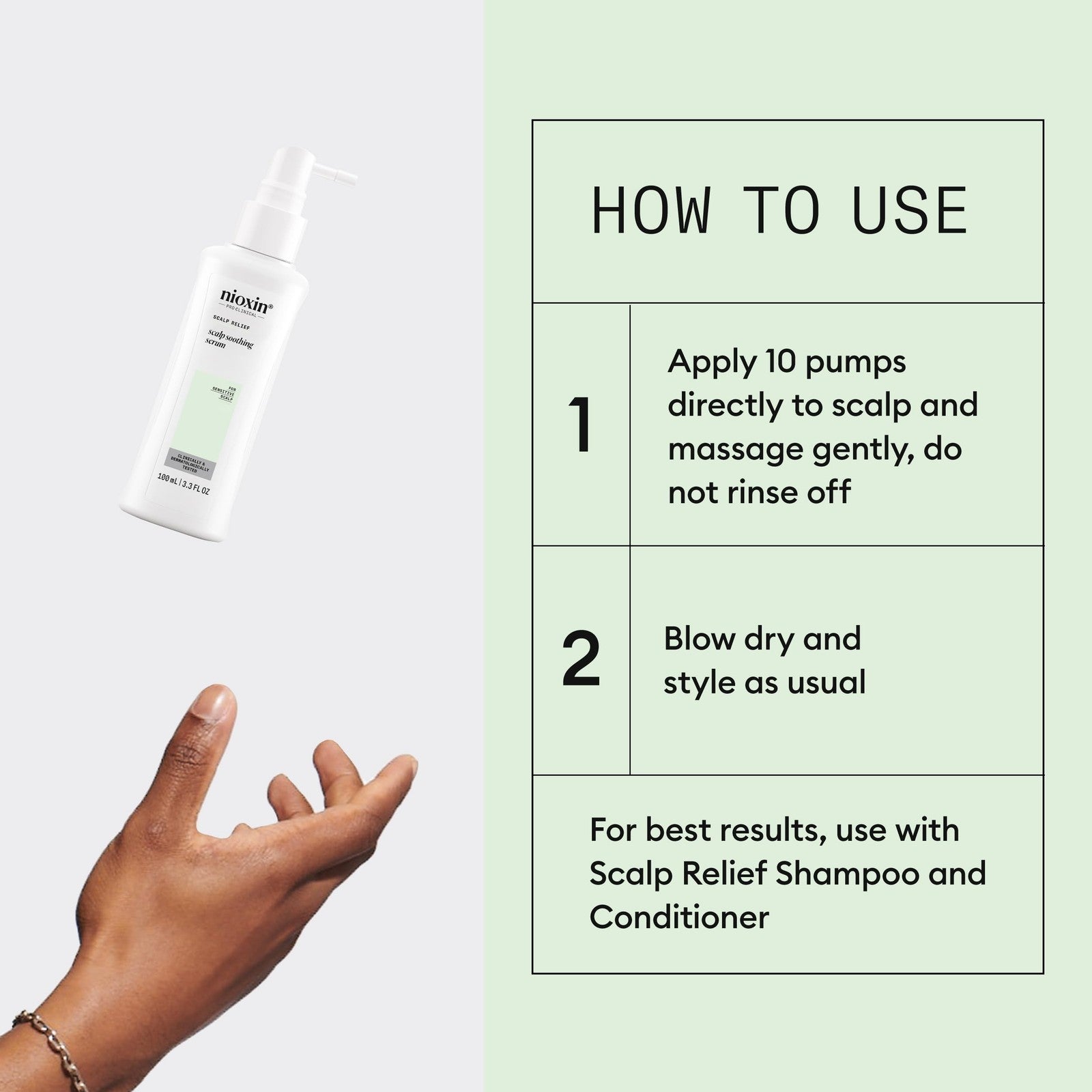 NIOXIN Scalp Relief soothing serum for sensitive scalps, in a clear bottle with a pump dispenser and a white label.