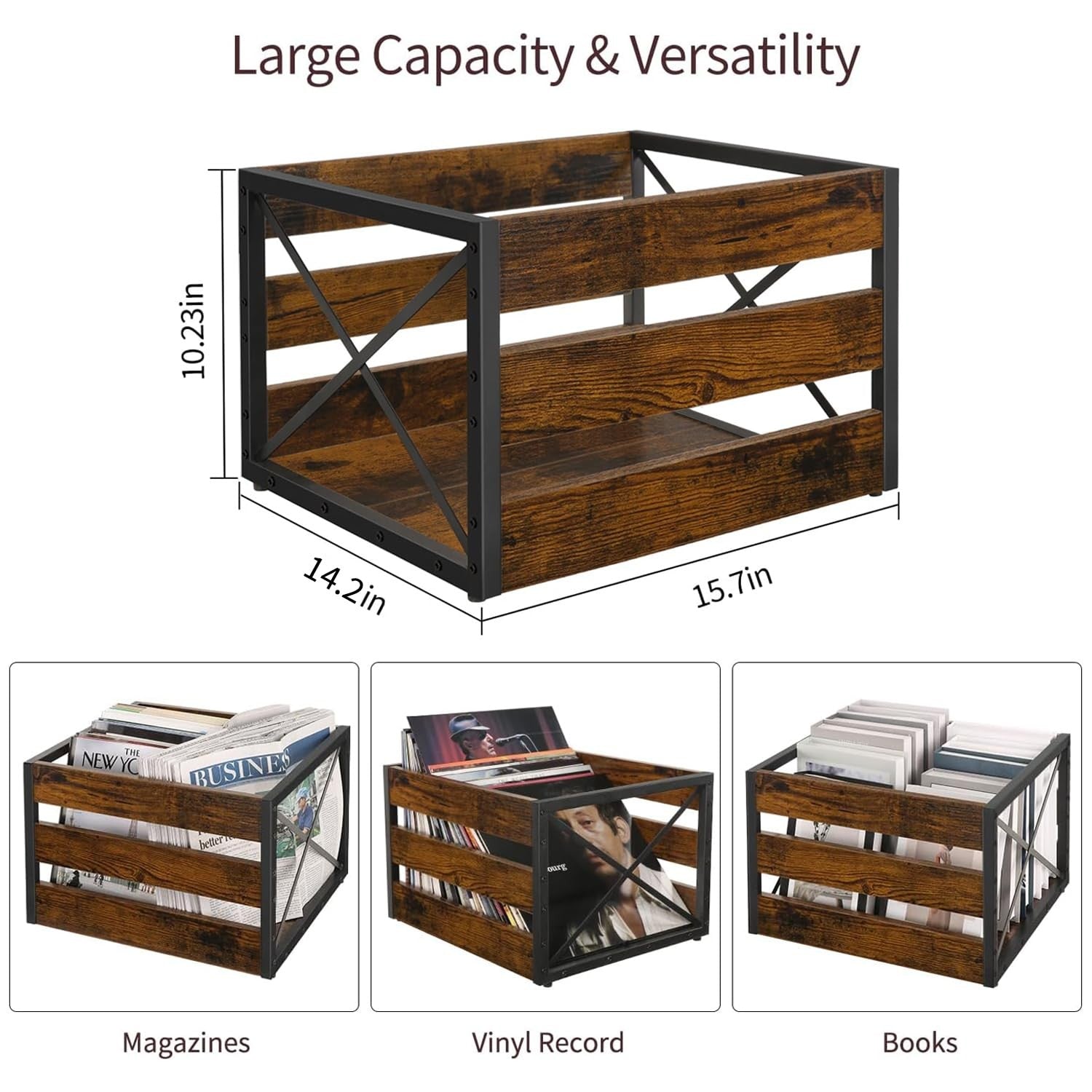 YINMIT large vinyl record storage crate made of metal and wood, designed for organizing LP vinyl records.