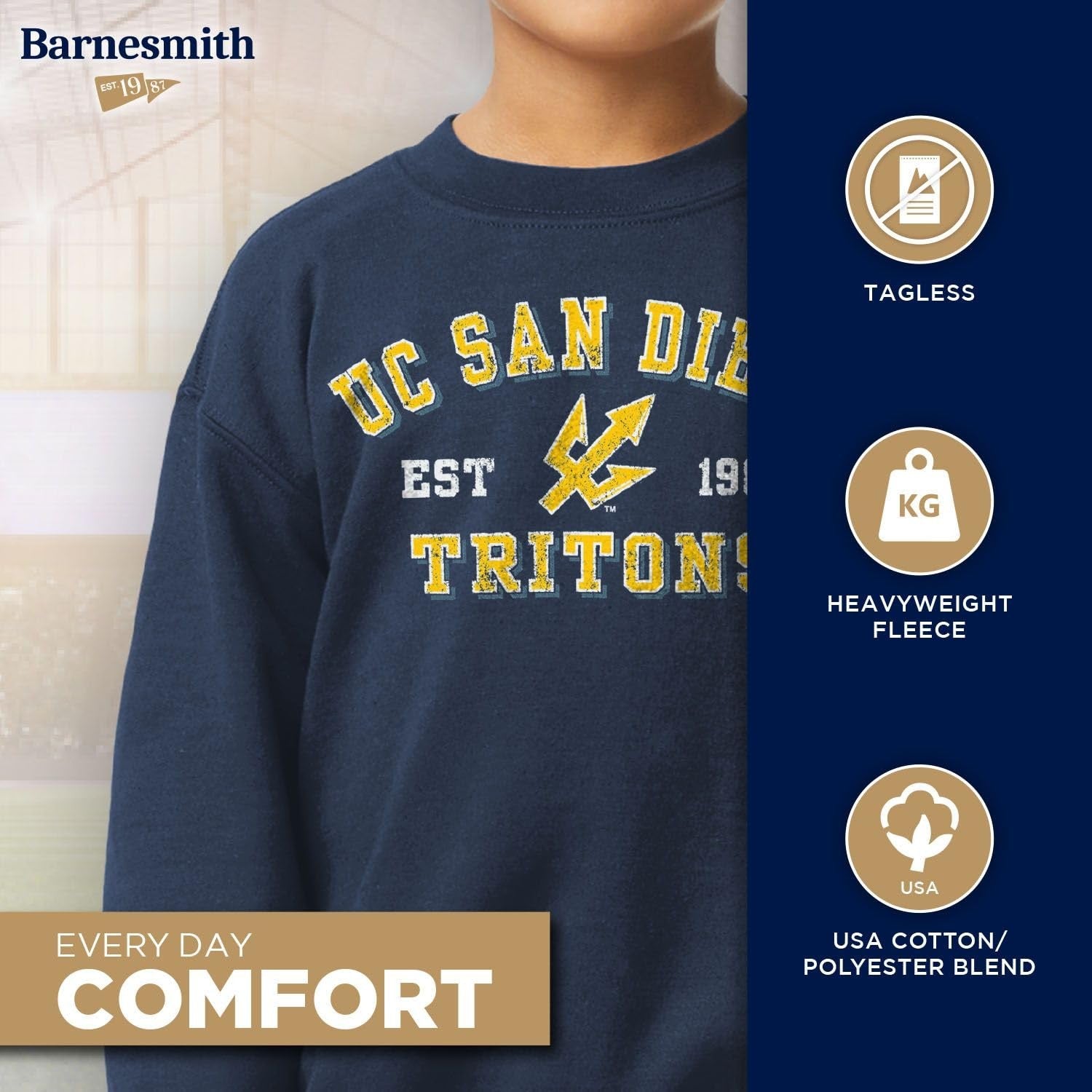 Barnsmith UCSD King Tritons unisex apparel featuring University of California San Diego logo and team mascot on a casual shirt.