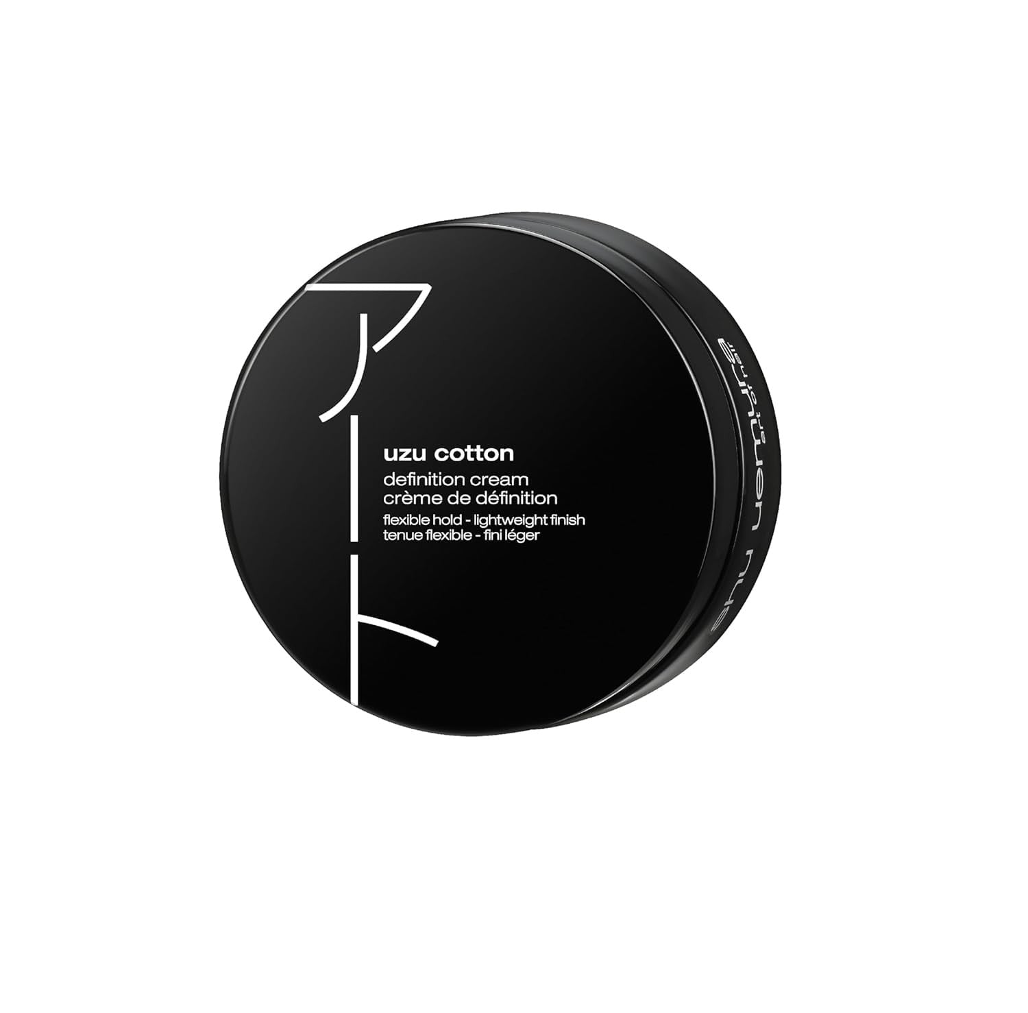 shu uemura art of hair Uzu Cotton Definition Cream for anti-frizz and flexible hold, shown in a sleek white jar.
