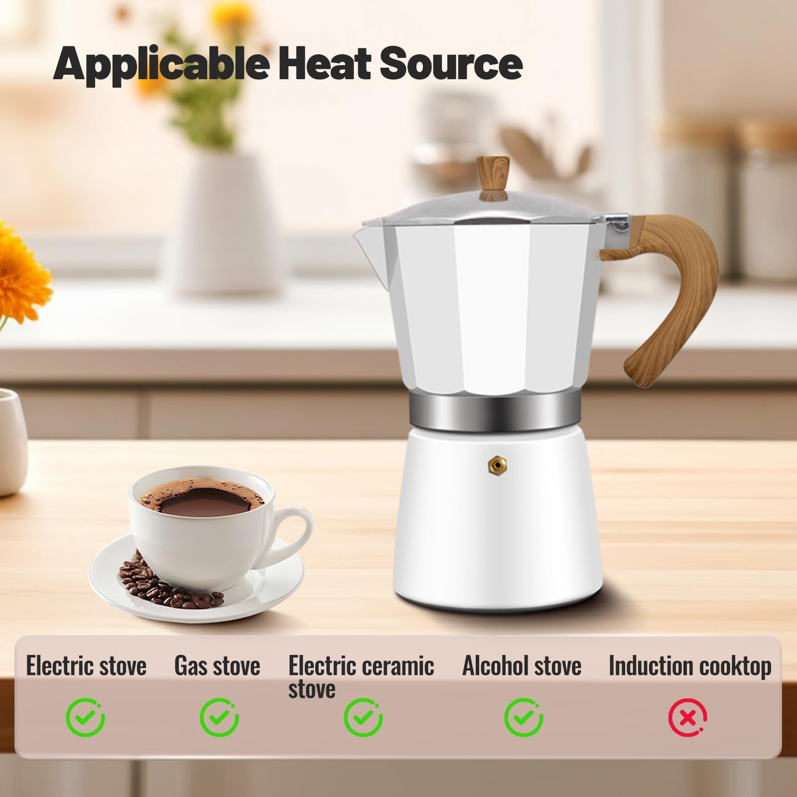 Vaolvpant 9-cup aluminum Moka pot stovetop espresso coffee maker with 450ml capacity, featuring a classic design and handle.
