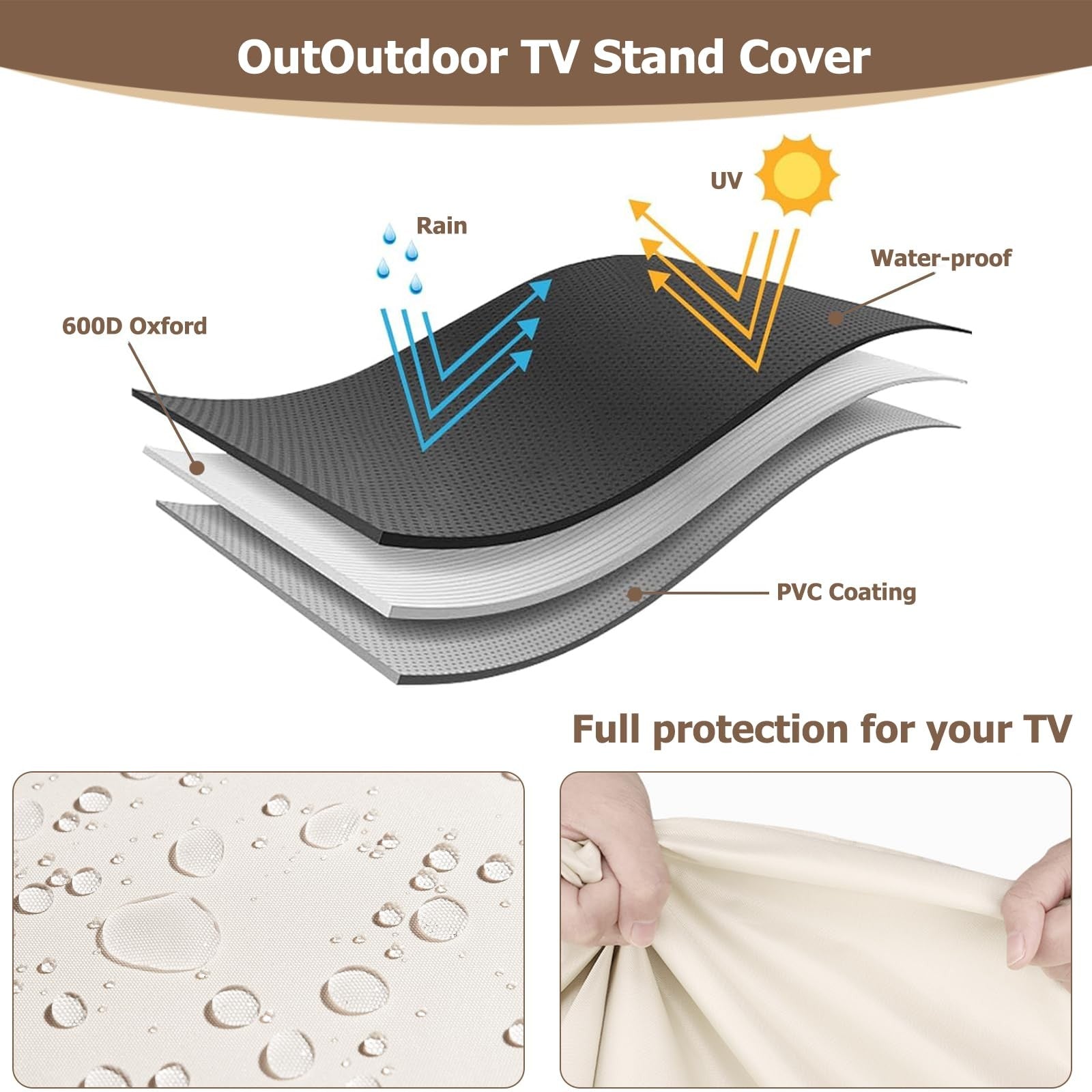 AlicWang 48-inch waterproof outdoor TV trolley cover in heavy-duty 600D material protecting a rolling TV stand from weather.
