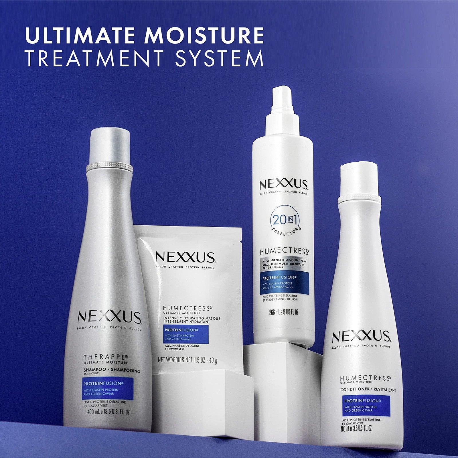 Nexxus Humectress Moisturizing Hair Masque in 10 individual 1.5oz containers, designed for deep conditioning and hair hydration.