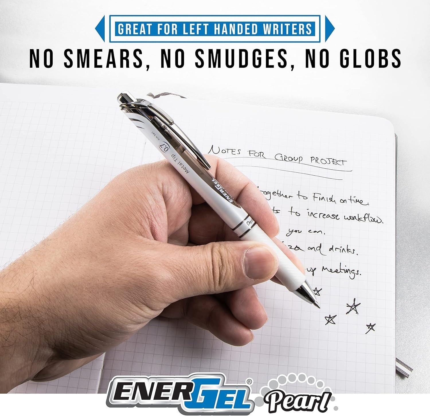 Pentel Energel Pearl medium point 0.7mm retractable metal tip pens shown in a set of ten with sleek design