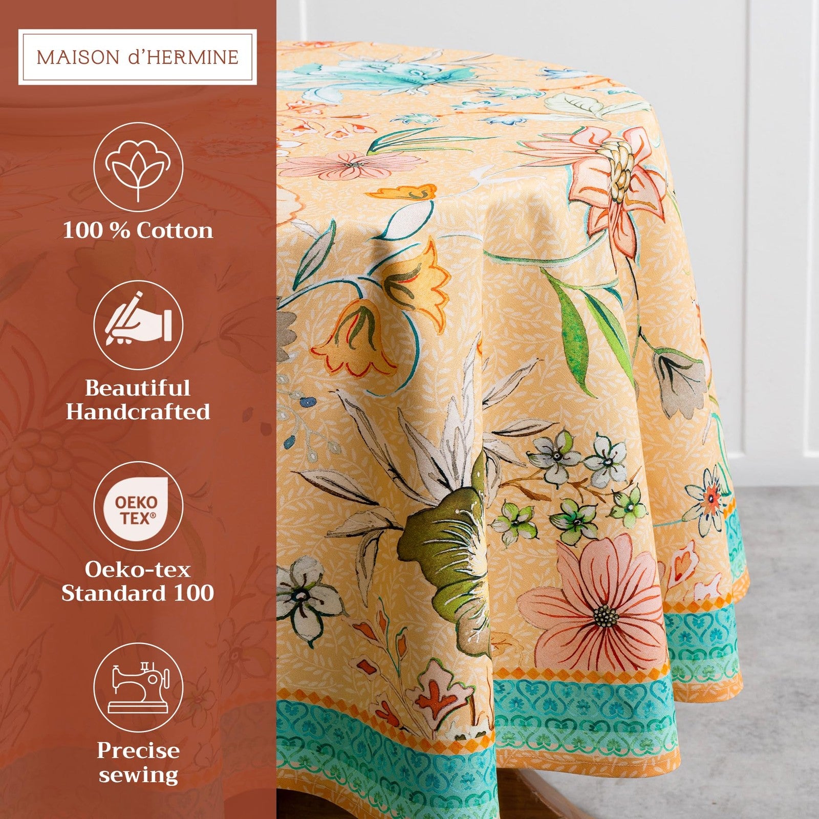 Round Maison d' Hermine cotton tablecloth with 63-inch diameter, featuring a detailed pattern and classic design.