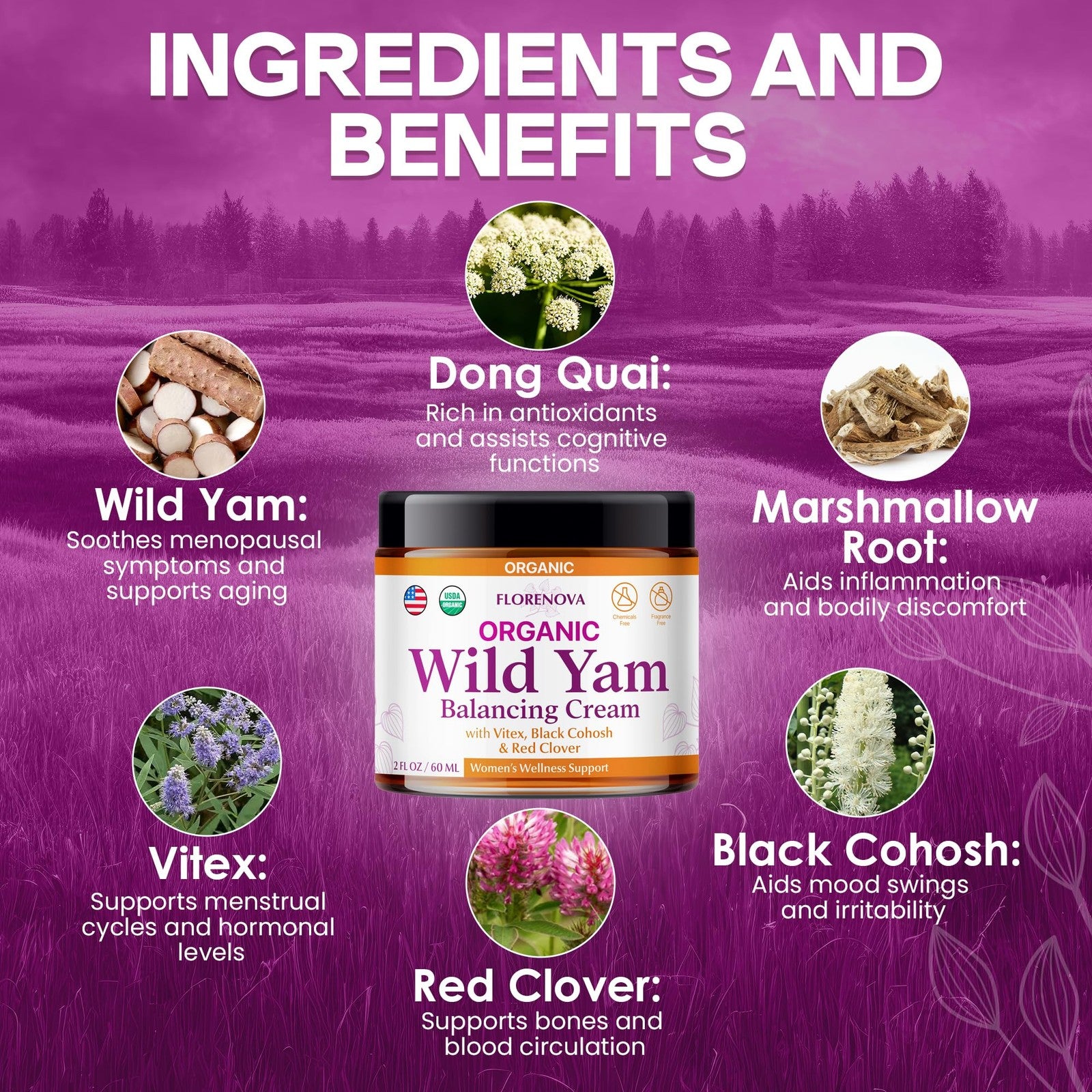 Organic Wild Yam Cream for Women by Florenova, 2oz balancing balm with Vitex Red, shown in a glass jar with a white lid.