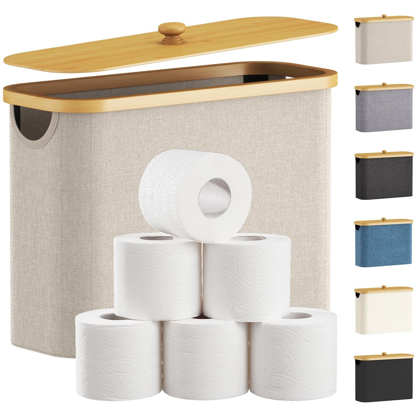Lifewit free-standing toilet paper storage holder with bamboo accents, holding 9 to 12 rolls in a modern bathroom.