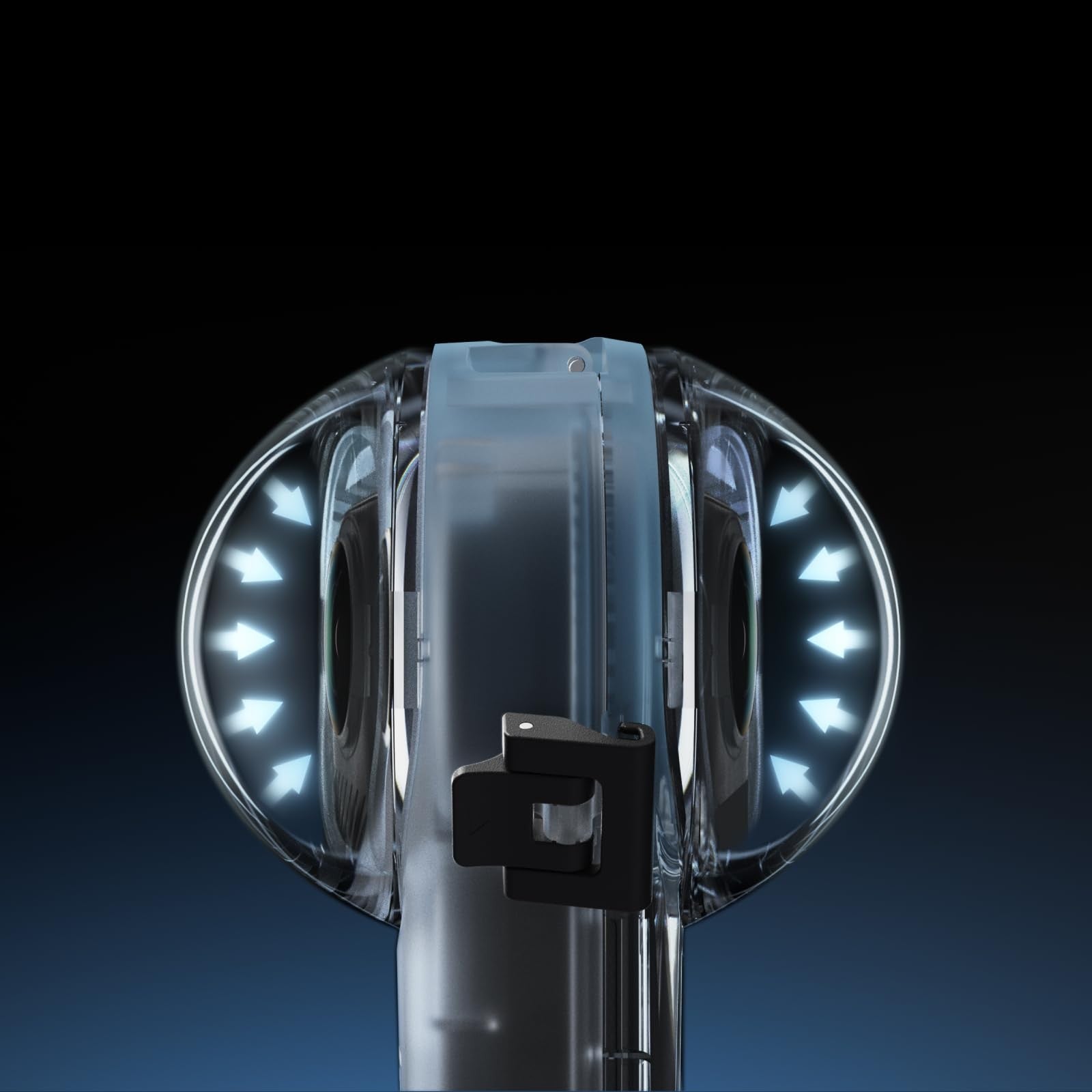 Insta360 X4 invisible dive case submerged in water, showing clear waterproof housing for underwater filming with the camera inside.