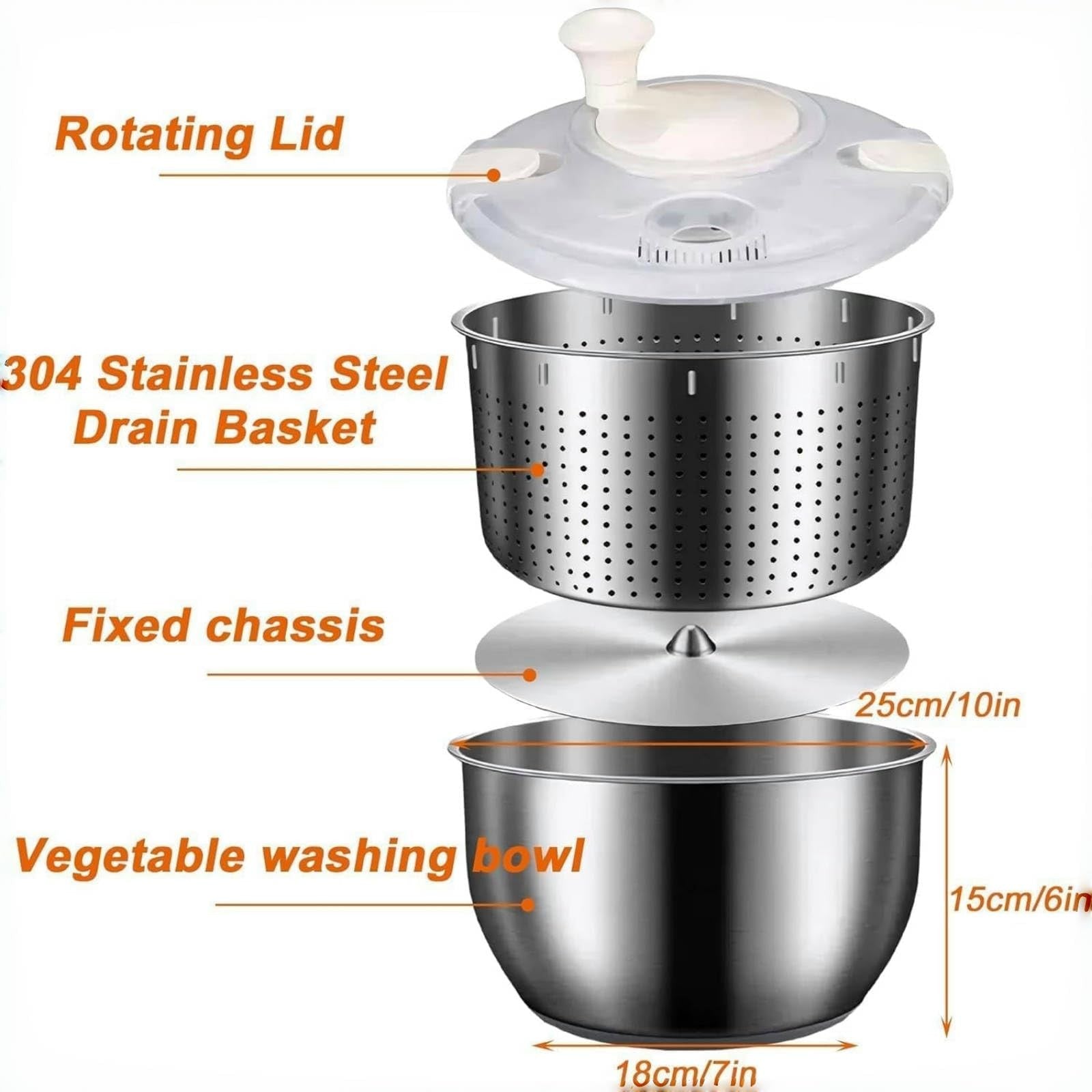 Stainless steel salad spinner with 6-liter capacity, vegetable and lettuce washing basket, compact kitchen food prep tool