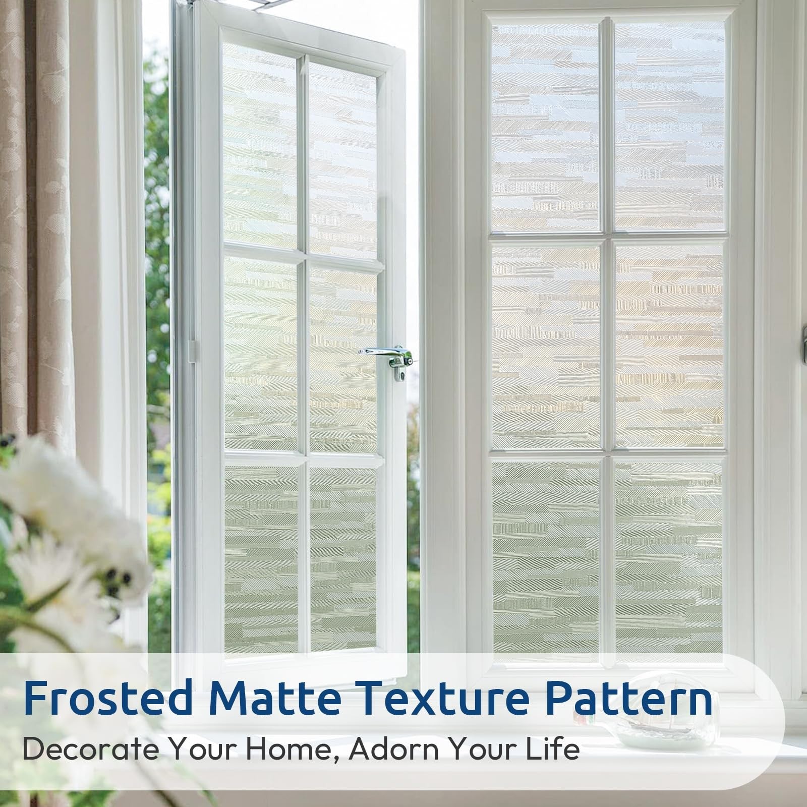 Rabbitgoo frosted glass window privacy film with no glue, static cling UV protection, and privacy-enhancing frosted design.