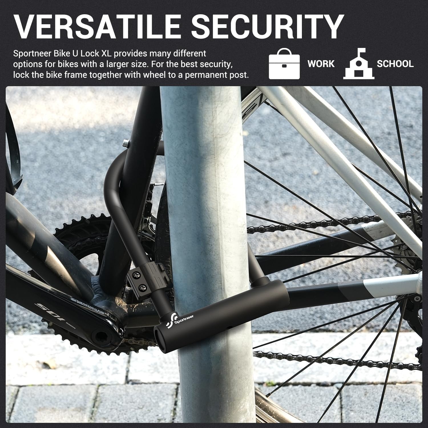 Sportneer bike U lock with 18mm shackle and heavy-duty design, shown with security cable for bicycle theft prevention.