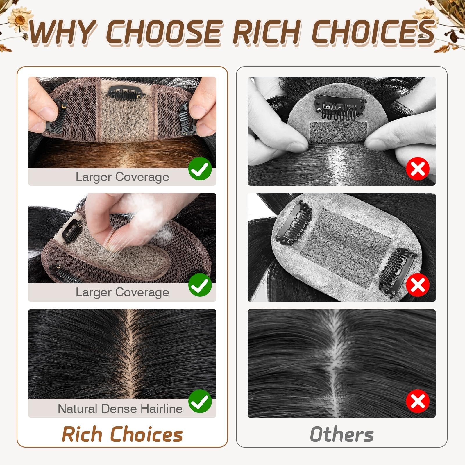 Rich Choices real human hair topper with bangs for women, featuring 100% Remy human hair, natural hair color and textured style.
