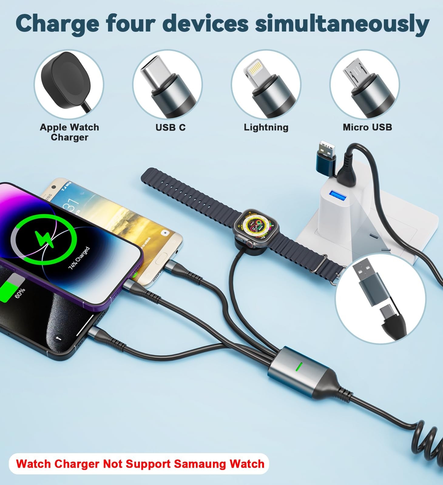 Bawanfa Plus Apple Watch 4-in-1 retractable charging cable with USB-C and Lightning connectors, 6ft fast charger on a white background.