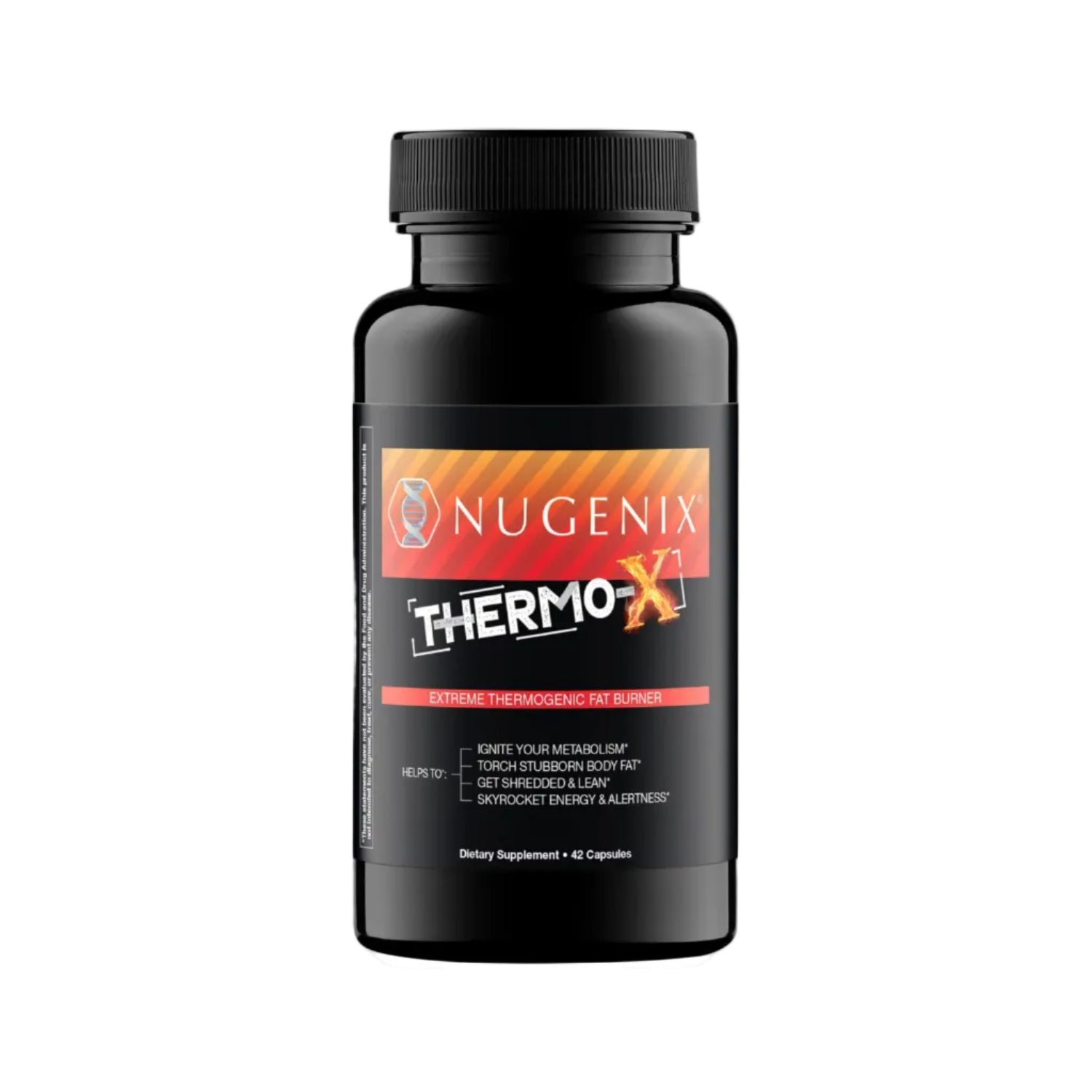 Nugenix Thermo-X thermogenic fat burner supplement for men, showing the product bottle and capsules on a white background.