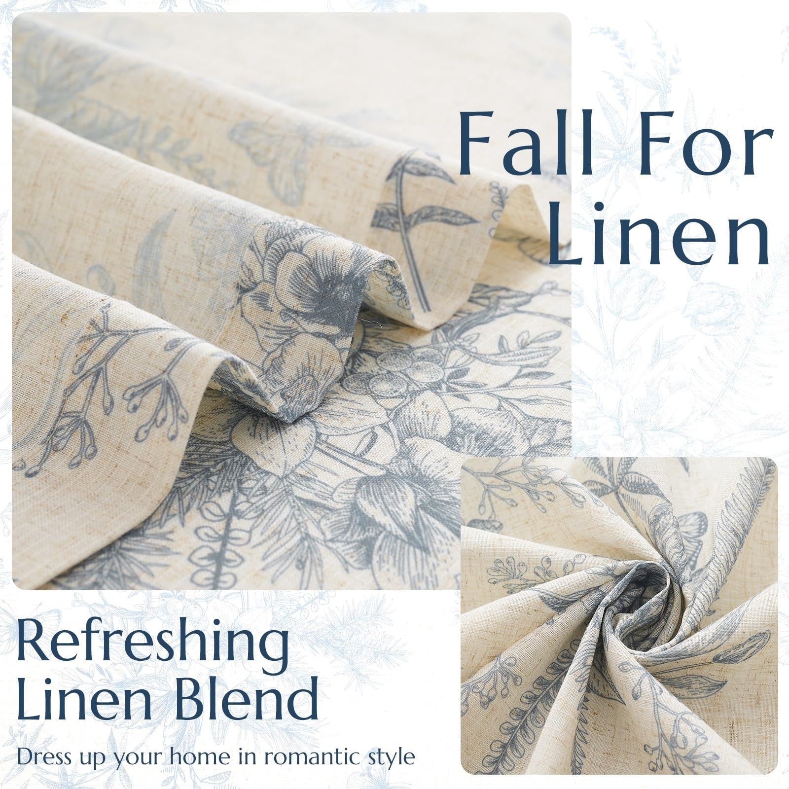 Jinchan linen floral curtains for living room, 96-inch blue farmhouse style curtains with floral pattern and rod pockets.