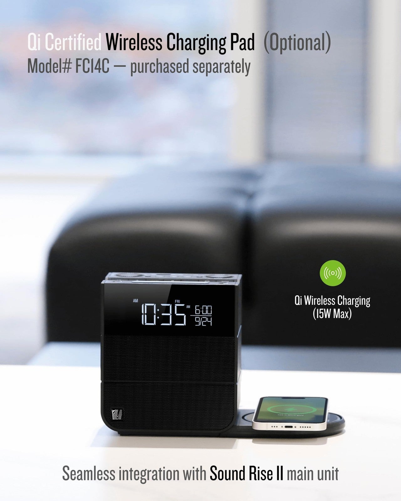 Soundfreaq Sound Rise II bedside alarm clock with Bluetooth speaker and radio, featuring digital display and sleek design.